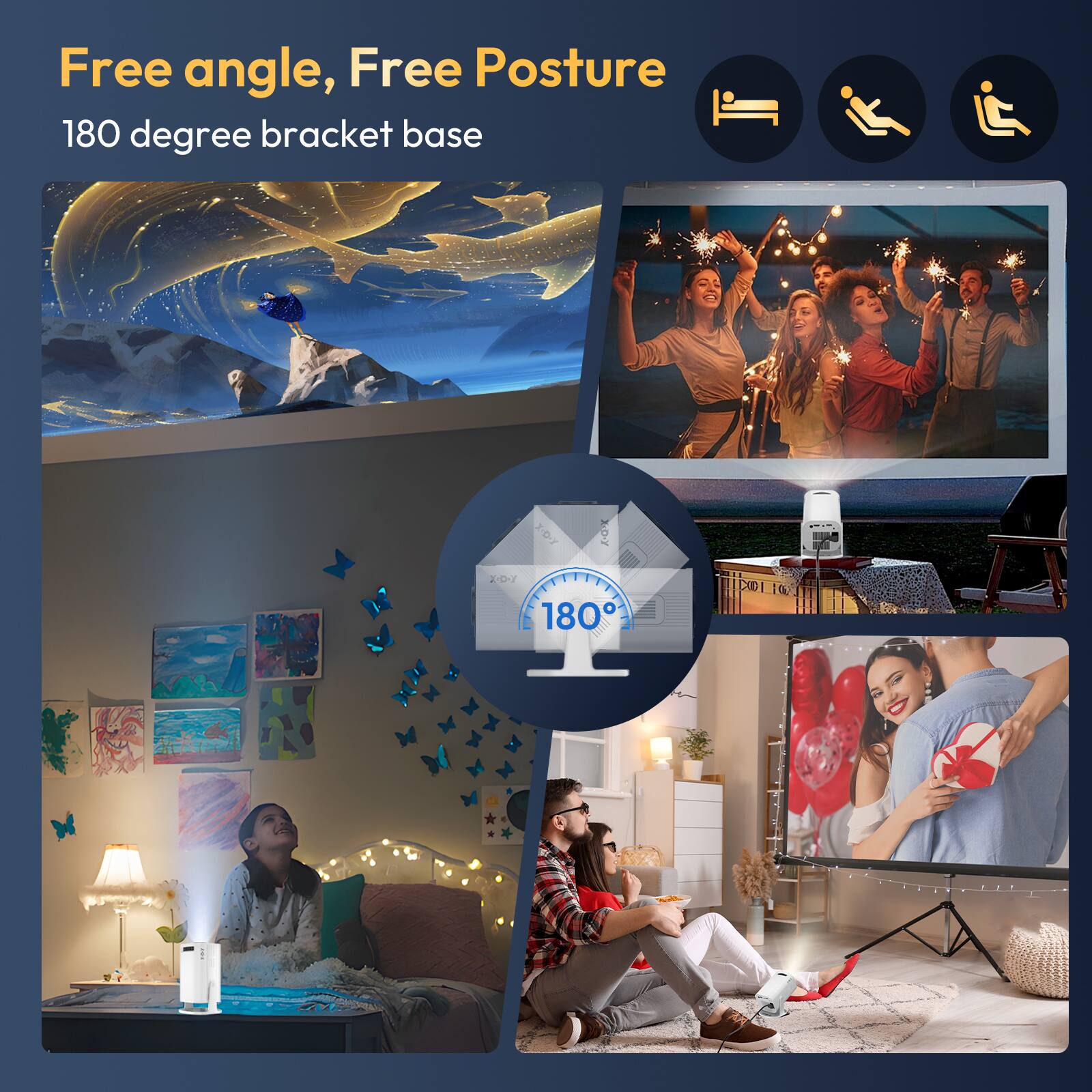 Free angle, Free Posture  
180 degree bracket base