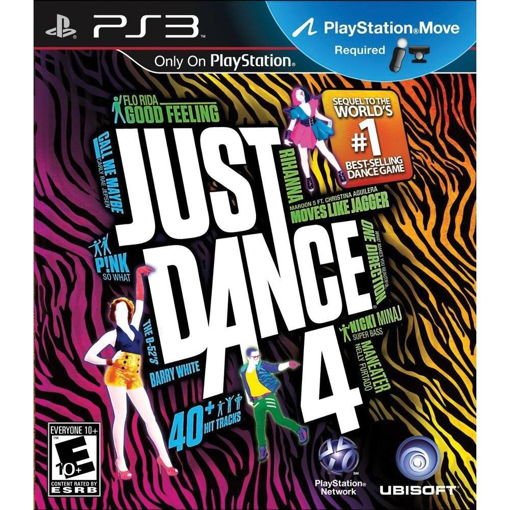 **PS3**  
Only On PlayStation.  
PlayStation Move Required  

**Just Dance 4**  
Sequel to the World's #1 Best-Selling Dance Game  

**Songs Included:**  
- Flo Rida - Good Feeling  
- Carly Rae Jepsen - Call Me Maybe  
- Rihanna - Maroon 5 ft. Christina Aguilera - Moves Like Jagger  
- Pink - So What  
- The B-52's - Love Shack  
- Barry White - Can't Get Enough of Your Love  
- Nicki Minaj - Super Bass  
- Nelly - Maneater  
- Nicki Minaj ft. Furtado - Super Bass  

**40+ Hit Tracks**  

**PlayStation Network**  
**Ubisoft**  

**E for Everyone 10+**  
Content Rated by ESRB  

**PlayStation Move**  
Required - E10+ (Everyone 10+)
