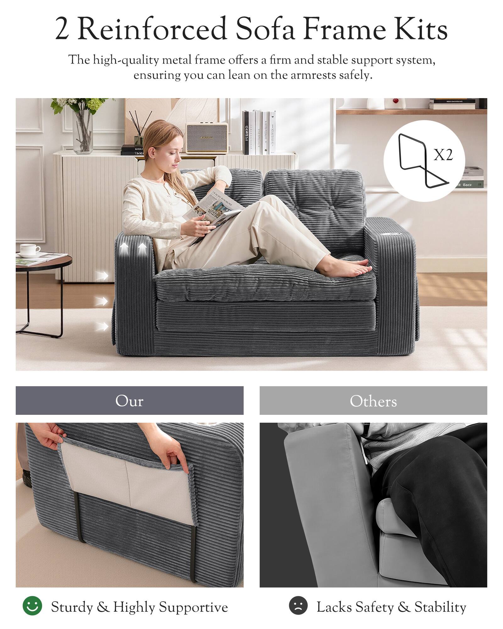 2 Reinforced Sofa Frame Kits

The high-quality metal frame offers a firm and stable support system, ensuring you can lean on the armrests safely.

X2

Our

Others

Sturdy & Highly Supportive

Lacks Safety & Stability