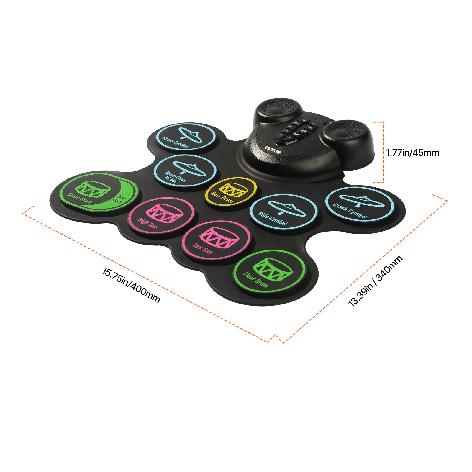 Drash Dander - a - VEVOR - 1.77in/45mm Sware MM Brum Shack Sike Dlase - As Mh Toe iss Brem Ride Cymbal Crash Cymbal 15.75in/400mm Low Tom Fleor Brum I 340mm 13.39in

- Crash Cymbal
- Ride Cymbal
- Open Hi-Hat
- Hi-Hat
- Floor Tom
- Low Tom
- Ride Cymbal
- Crash Cymbal

1.77in/45mm  
15.75in/400mm  
13.39in/340mm