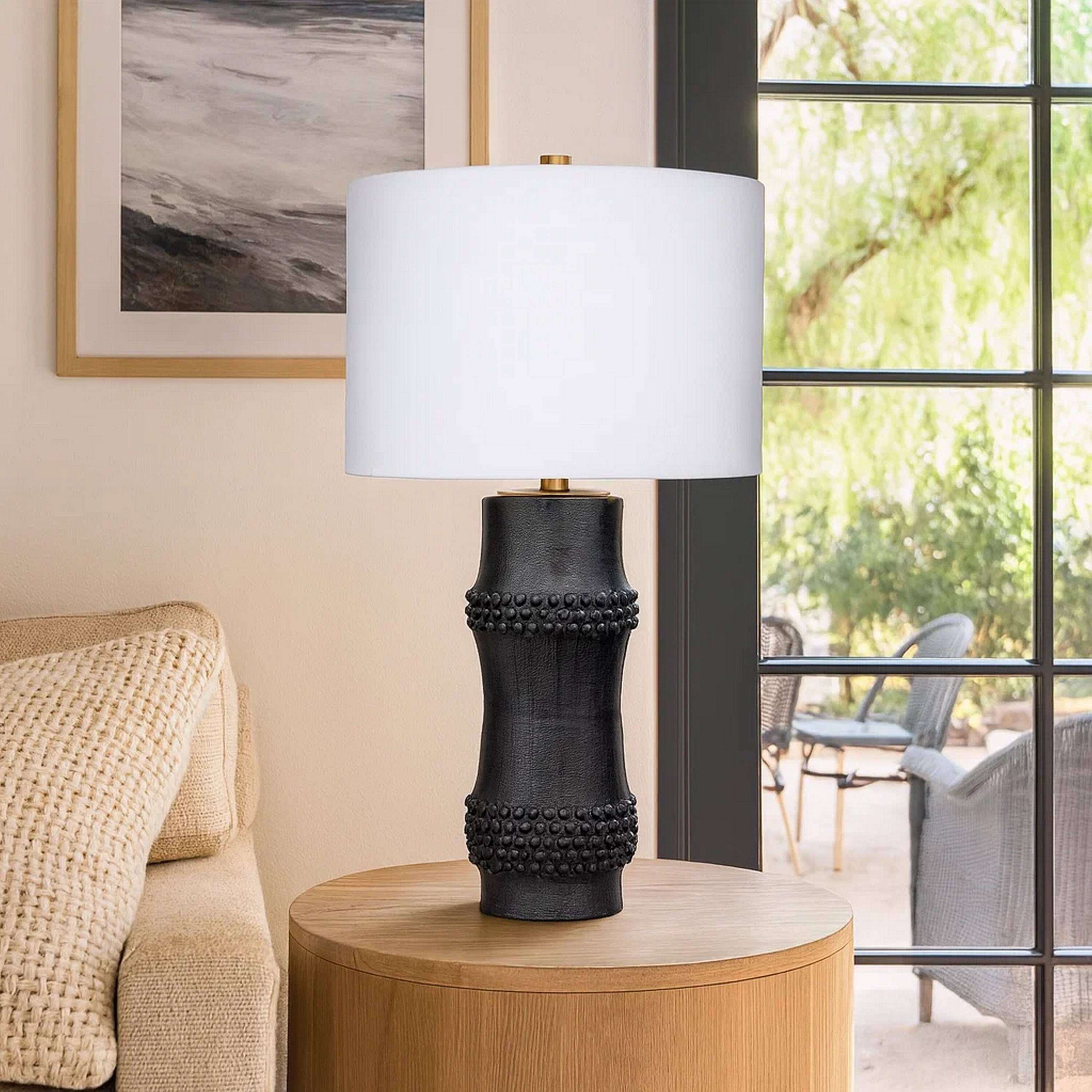 Alt View 3. Manhattan Lane - Lemy 28 Inch Table Lamp, Linen Drum Shade, Dotted Base - Black, White, Brass.