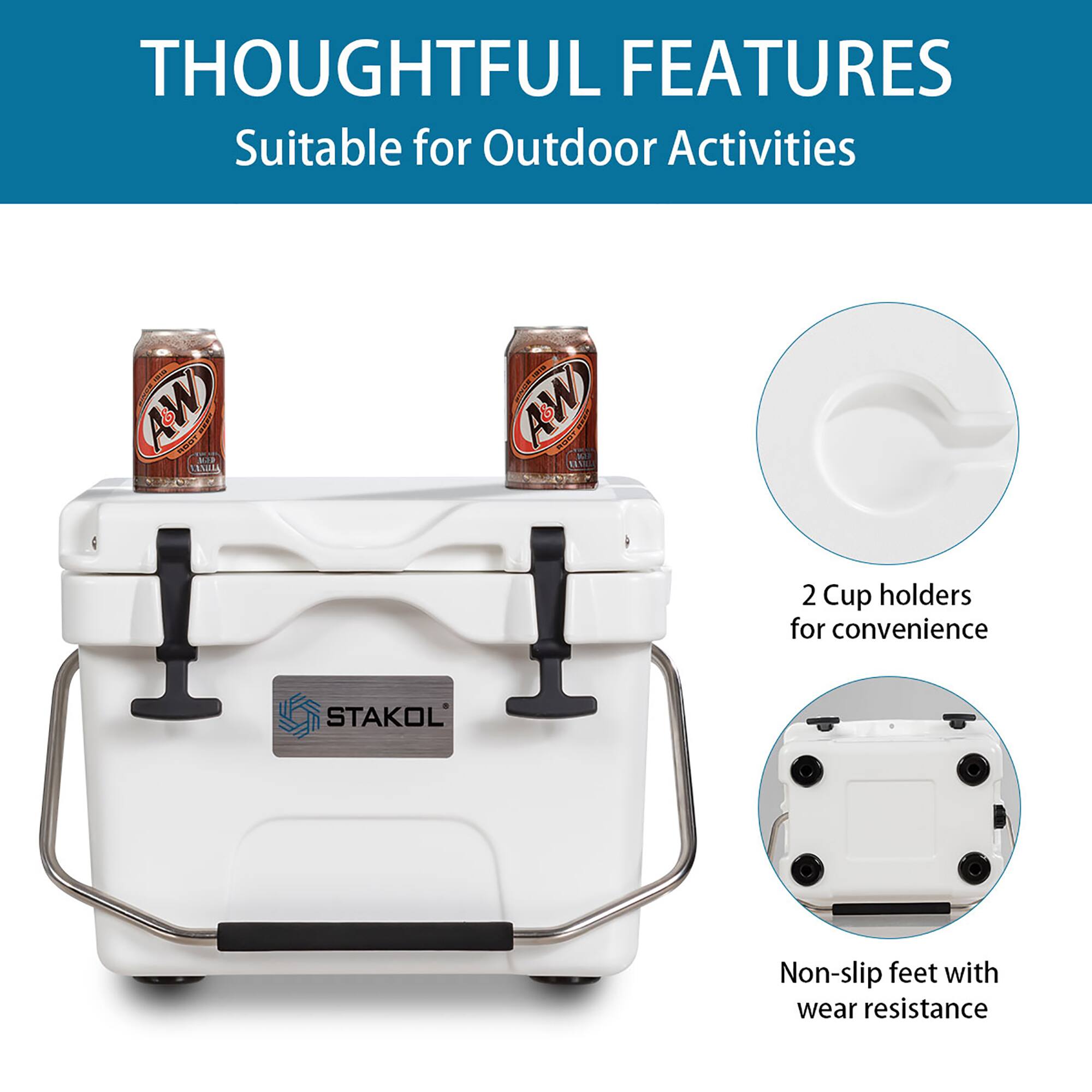 THOUGHTFUL FEATURES  
Suitable for Outdoor Activities  

2 Cup holders for convenience  

Non-slip feet with wear resistance