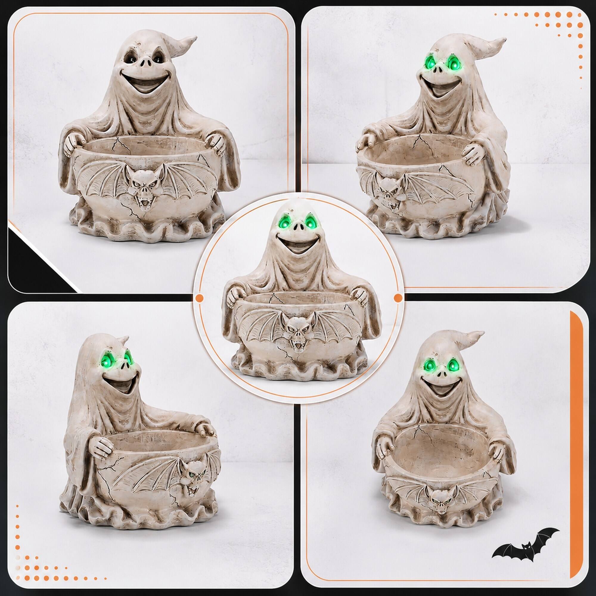 Alt View 5. RYHNUYNE - Halloween Ghost Storage Bowl Figurine with LED Glowing Eyes, Spooky Candy Dish and Bat Decor for Party and Home - White.