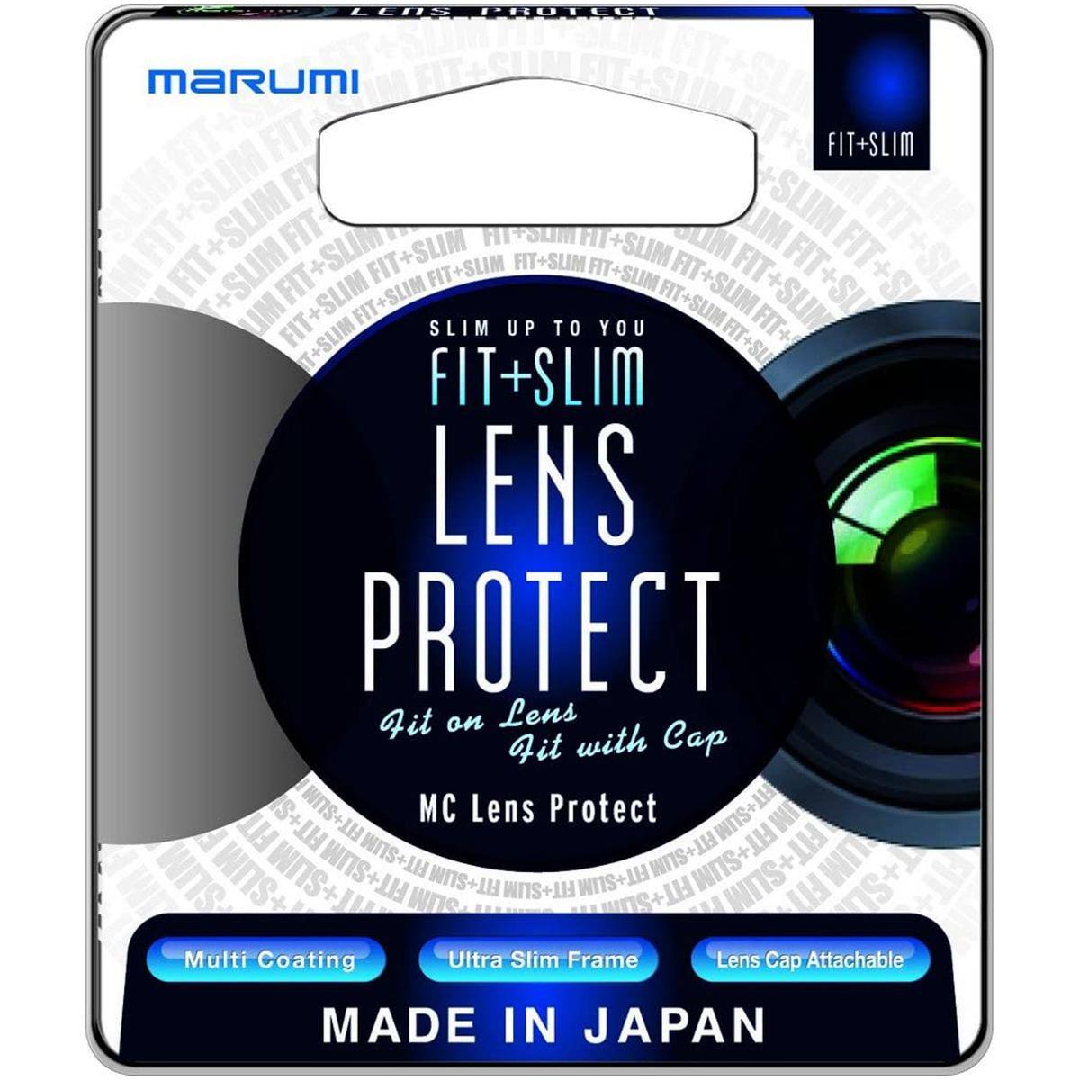 Sure, here is the corrected and grouped text from the image:

---

**MARUMI**

**FIT+SLIM LENS PROTECT**

Fit on Lens Fit with Cap

MC Lens Protect

Multi Coating  
Ultra Slim Frame  
Lens Cap Attachable

MADE IN JAPAN

---

This text is arranged to match the layout and design of the packaging.