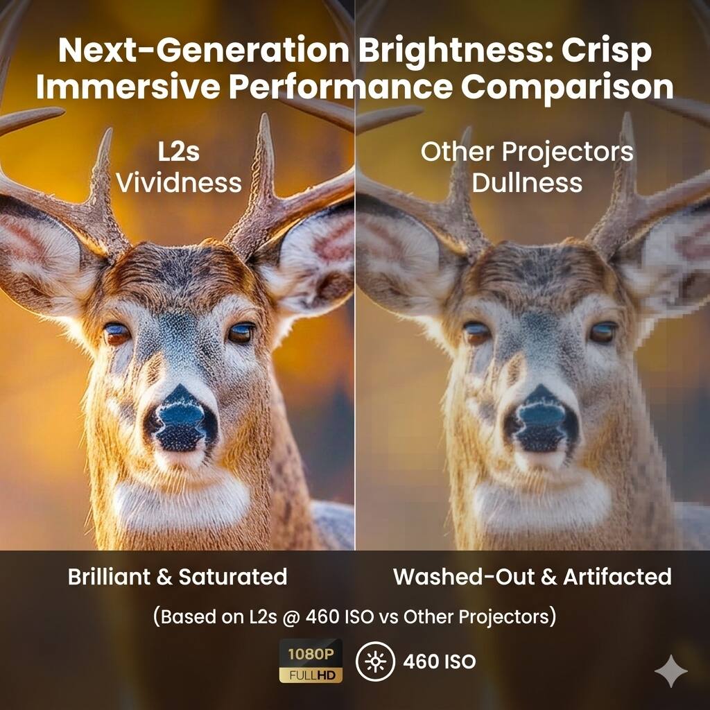 Next-Generation Brightness: Crisp Immersive Performance Comparison

L2s  
Vividness  
Brilliant & Saturated  
(Based on L2s @ 460 ISO vs Other Projectors)

Other Projectors  
Dullness  
Washed-Out & Artifacts

1080P FULLHD  
460 ISO