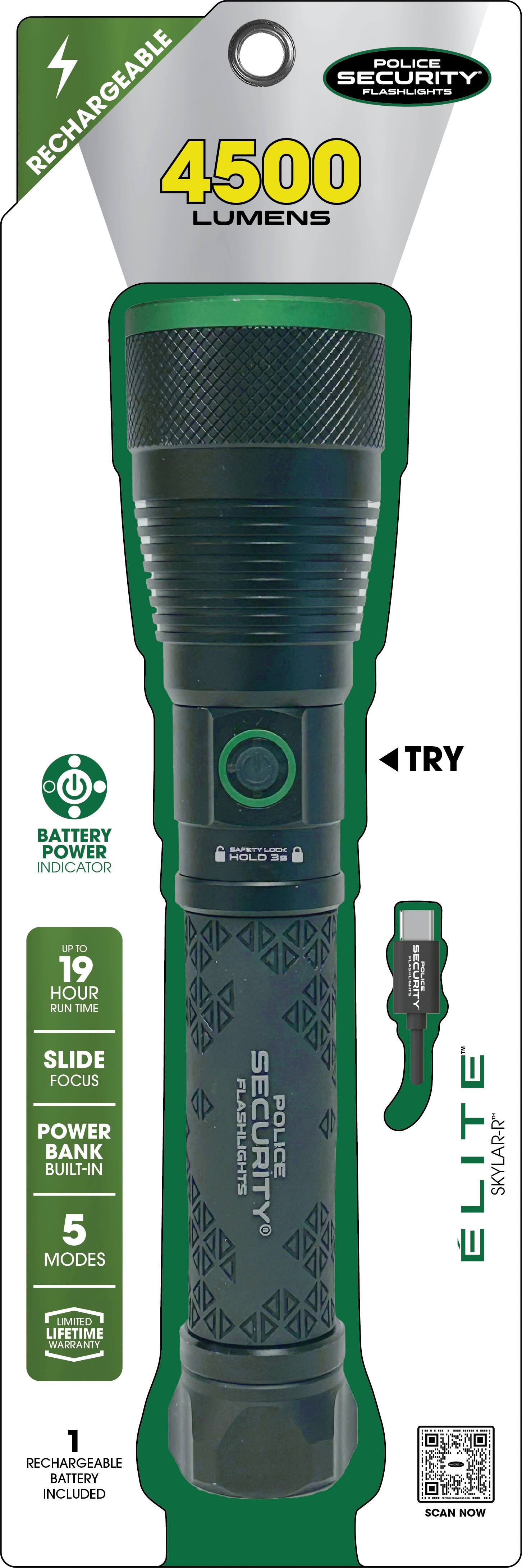 Police Security Flashlights Rechargeable 4500 Lumens Try Battery Power Indicator SAPSTTE HOLD de UP 10 19 HOUR RUN TIME SLIDE FOCUS POWER BANK BUILT-IN 5 MODES LIMITED LIFETIME WARRANTY FLASHLIGHTS SECURITY POLICE 7  SECURITY 3 PULN ELITE SKYLAR-R 1 RECHARGEABLE BATTERY INCLUDED SCAN NOW
