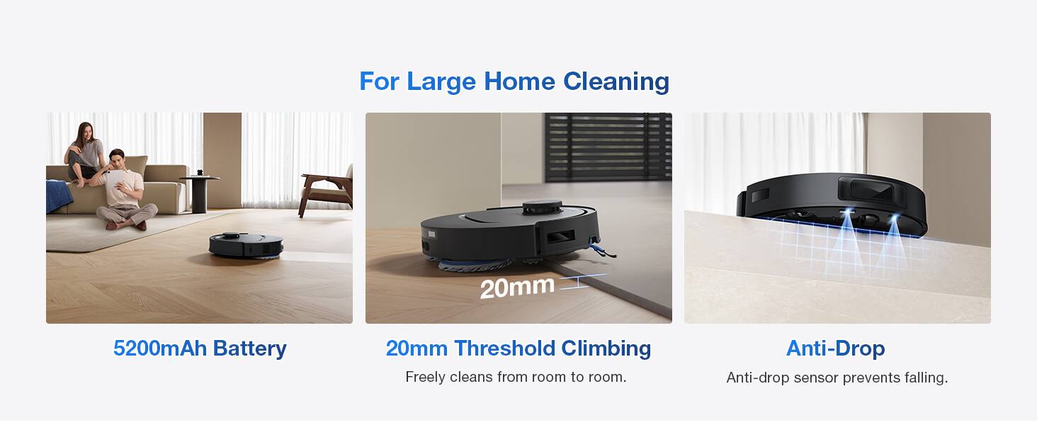 For Large Home Cleaning

5200mAh Battery

20mm Threshold Climbing
Freely cleans from room to room.

Anti-Drop
Anti-drop sensor prevents falling.