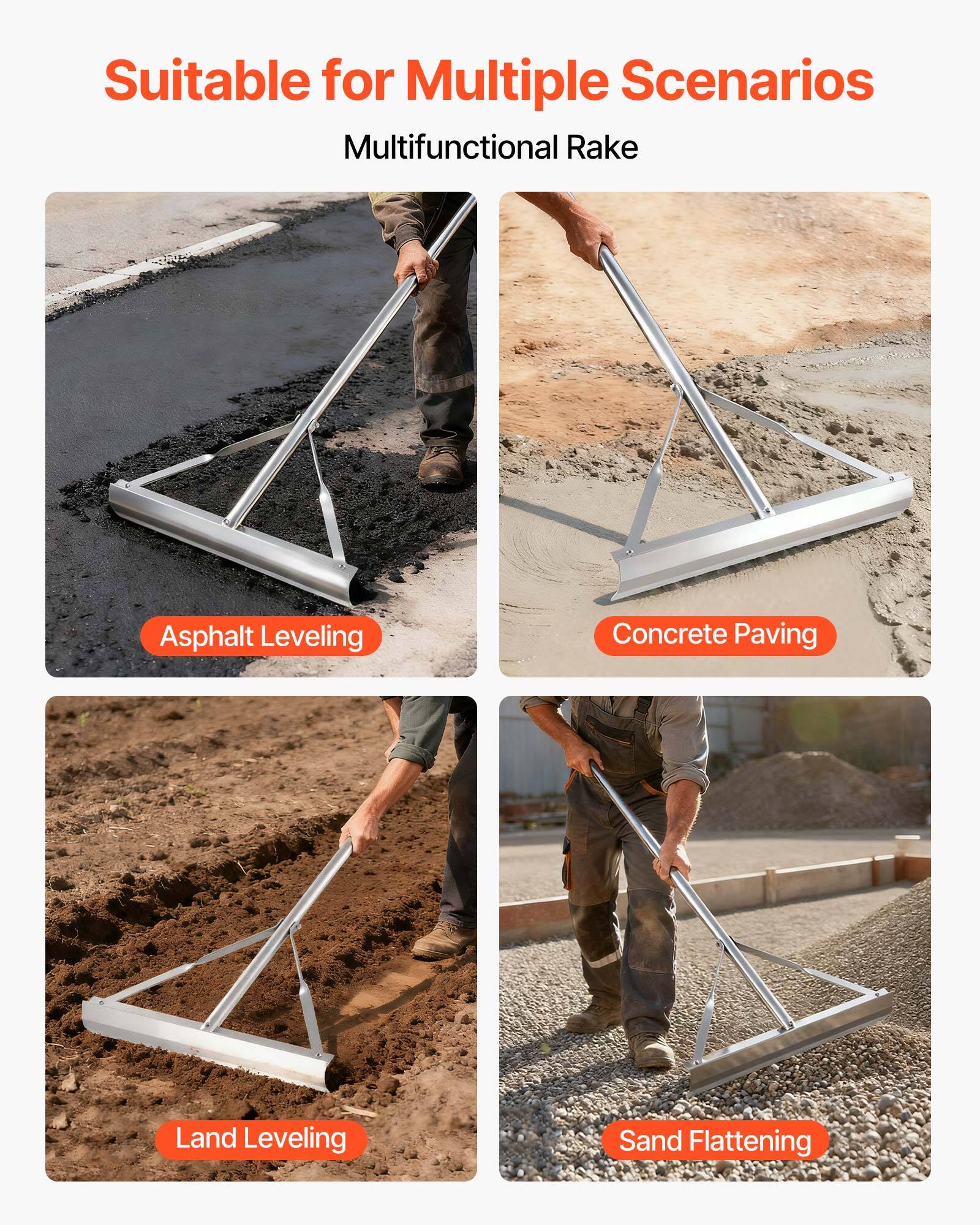 Suitable for Multiple Scenarios  
Multifunctional Rake  

- Asphalt Leveling  
- Concrete Paving  
- Land Leveling  
- Sand Flattening