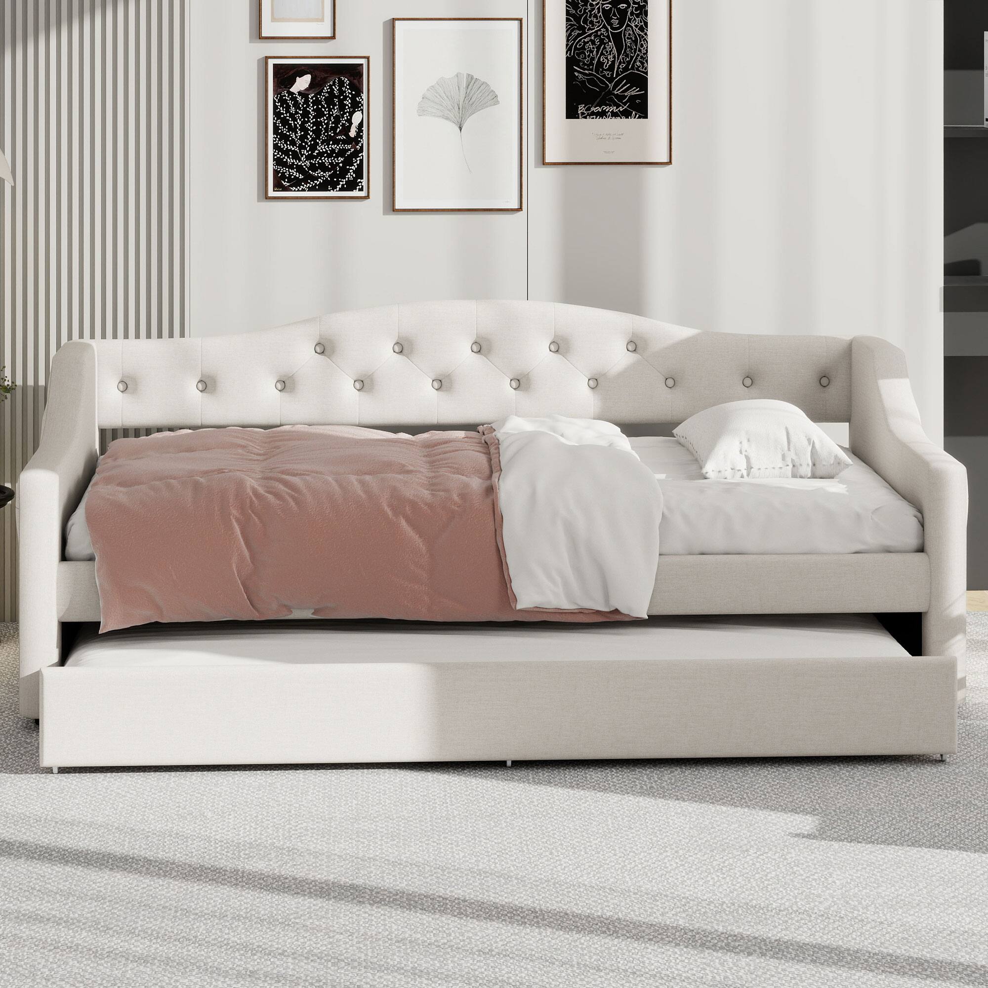 Angle. Whisen - Twin XL Size Daybed with Trundle, Upholstered Bed Frame with LED Lights for Guest Bedroom & Living Room - Beige.