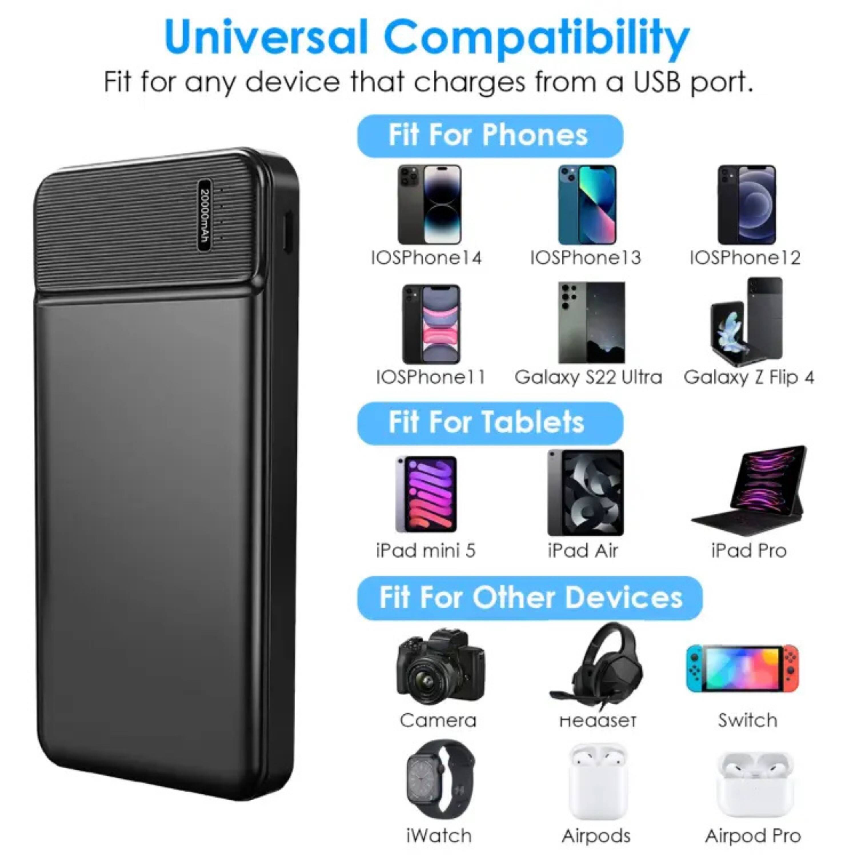 Universal Compatibility  
Fit for any device that charges from a USB port.

**Fit For Phones**  
- iOSPhone14  
- iOSPhone13  
- iOSPhone12  
- iOSPhone11  
- Galaxy S22 Ultra  
- Galaxy Z Flip 4  

**Fit For Tablets**  
- iPad mini 5  
- iPad Air  
- iPad Pro  

**Fit For Other Devices**  
- Camera  
- Headset  
- Switch  
- iWatch  
- Airpods  
- Airpod Pro