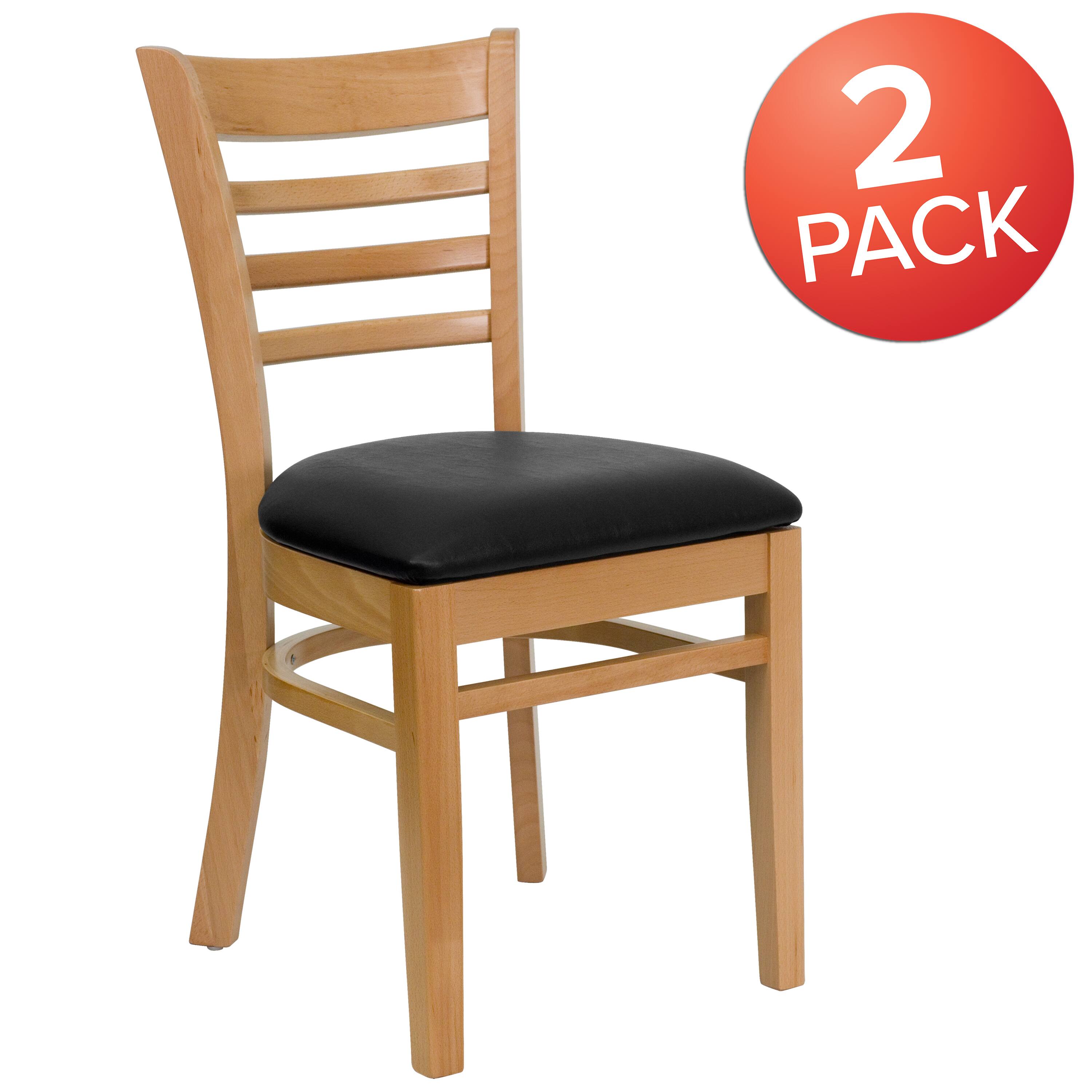 Alt View 1. Emma + Oliver - 2 Pack Ladder Back Wooden Restaurant Chair - Black Vinyl Seat/Natural Wood Frame.