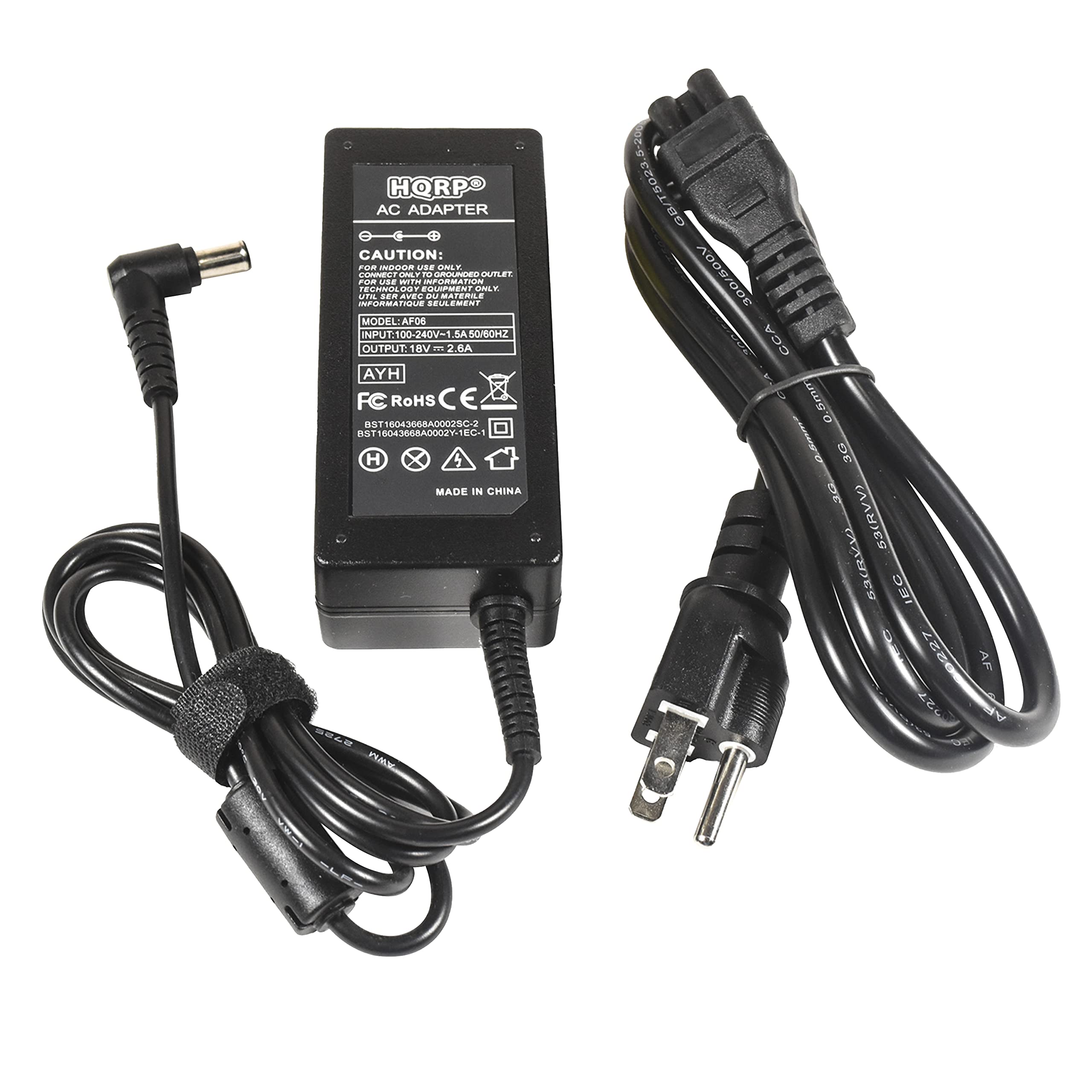 HORP AC ADAPTER  
CAUTION:  
- FOR INDOOR USE ONLY  
- DO NOT USE WITH INFORMATION EQUIPMENT  
- DO NOT USE WITH MEDICAL EQUIPMENT  
- DO NOT USE WITH HEATING EQUIPMENT  
- DO NOT USE WITH FLAMMABLE MATERIALS  

MODEL: AYH  
INPUT: 100-240V~1.5A 50/60Hz  
OUTPUT: 18V 2.8A  

AYH  
FC RoHS  
CE  
RST160436800022-1E  
RST160436800022-1E  
MADE IN CHINA  

GB/T5023  
VOGBLOGE  
CCA  
180.5mm  
Odas JG  
S3(RVV)  
LVOED  
IEC 0227  
AP 027  
AF