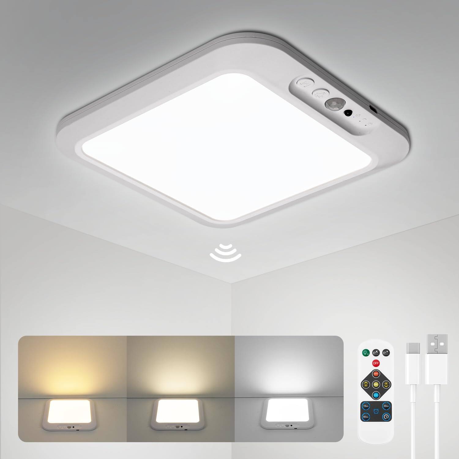 Front. ACJPR - Rechargeable Motion Sensor LED Ceiling Light, Wireless, Dimmable, 3 CCT (75).