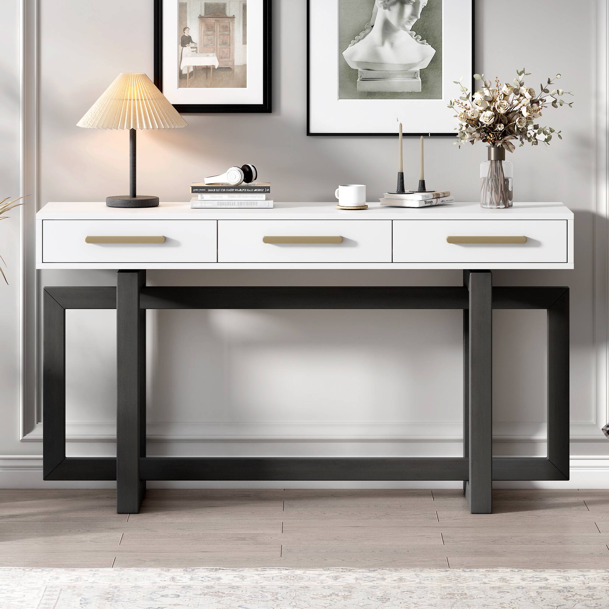 Angle. TinyHomie - Elegant Console Table with Three Drawers Extra Long Entryway Table for Entryway Hallway Living Room Foyer Corridor - Grey and White.