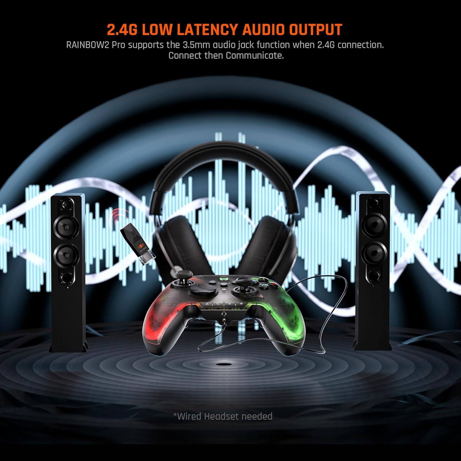 2.4G LOW LATENCY AUDIO OUTPUT  
RAINBOW2 Pro supports the 3.5mm audio jack function when 2.4G connection.  
Connect then Communicate.  
*Wired Headset needed