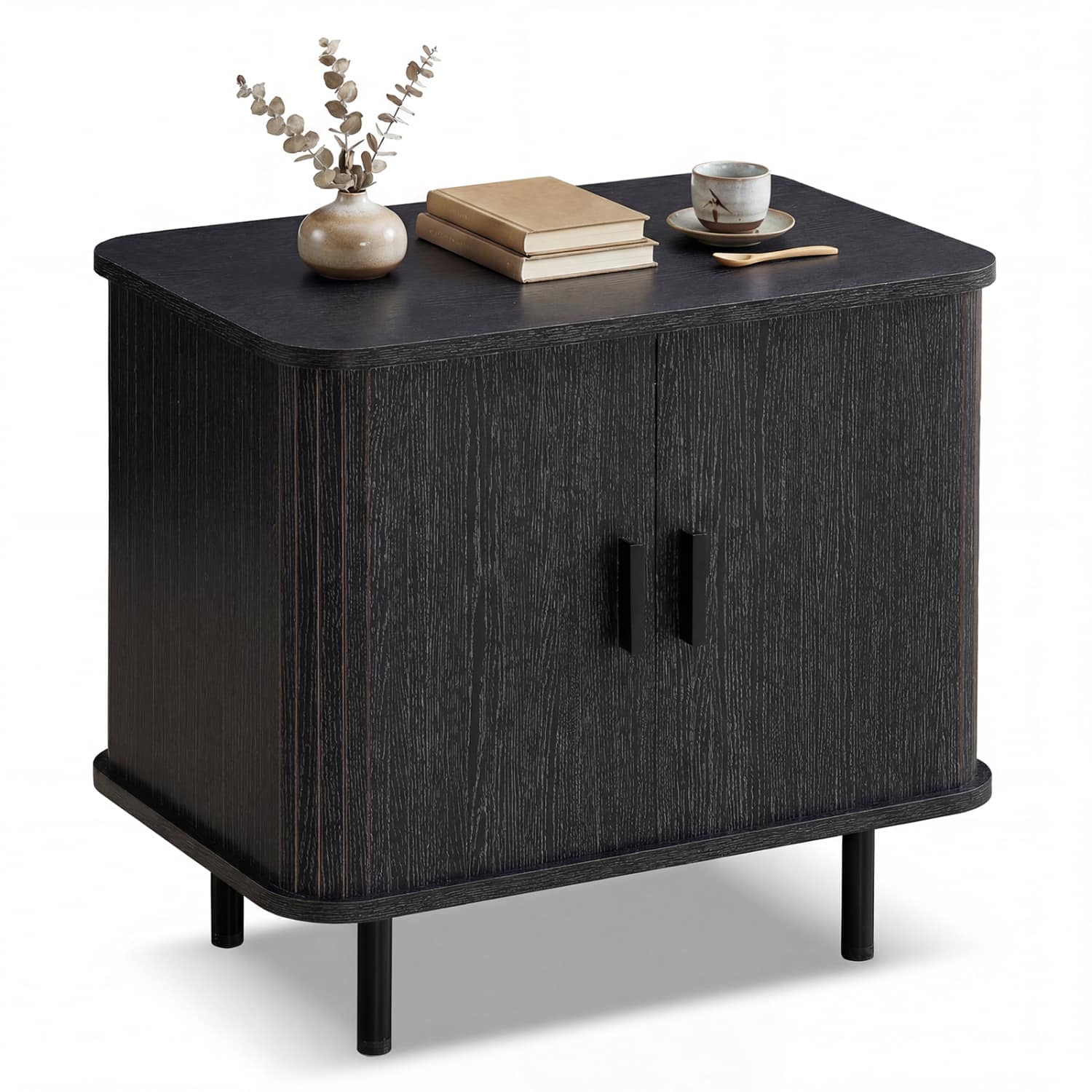 WELLFOR - Mid-Century Modern Nightstand with Sliding Tambour Doors and Storage Shelf - Black