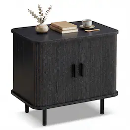 WELLFOR - Mid-Century Modern Nightstand with Sliding Tambour Doors and Storage Shelf - Black