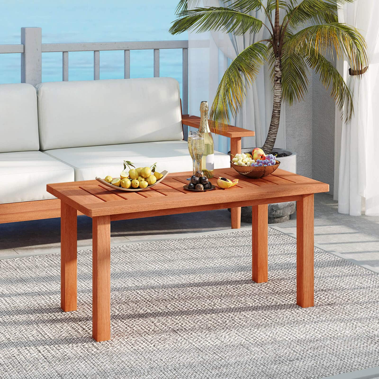 Costway - 35.5" Wooden Coffee Table with Slatted Tabletop Rectangular Outside Table for Deck - Orange