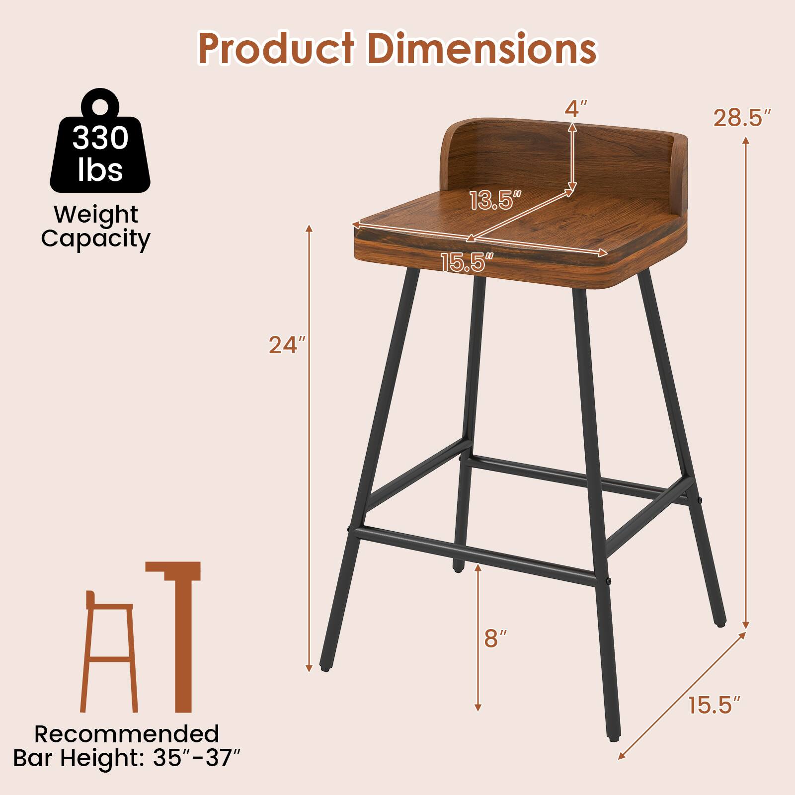 Product Dimensions: 330 lbs Weight Capacity, 13.5" x 15.5" x 4" x 28.5" x 24", TA Recommended Bar Height: 35"-37"