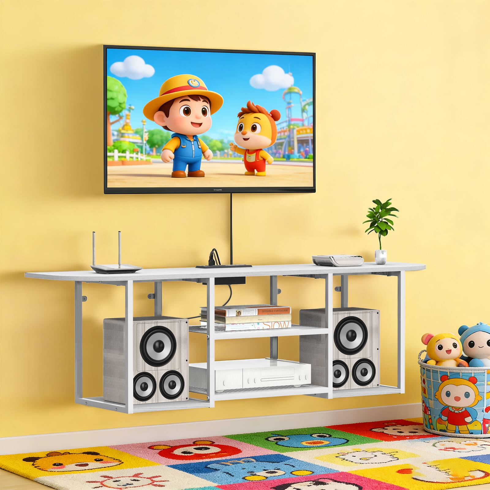 Alt View 1. Oumilen - White Floating TV Stand with Power Outlet, Wall-Mounted Media Console - White.