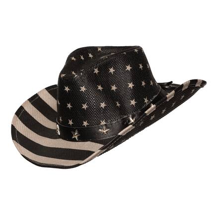Front. Underwraps - Black & Gray American Flag Cowboy Hat Adult Costume Accessory - Black.