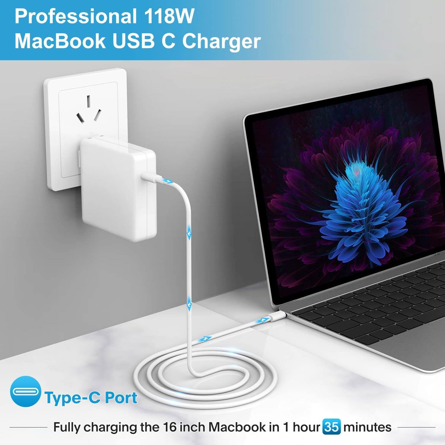 Professional 118W MacBook USB C Charger

Type-C Port

Fully charging the 16 inch MacBook in 1 hour 35 minutes