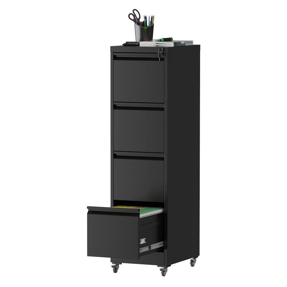 Left. Loheer - Loheer 4 Drawer File Cabinet Metal Locking Vertical Filing Cabinet on Wheels Heavy Duty Black Office Storage.