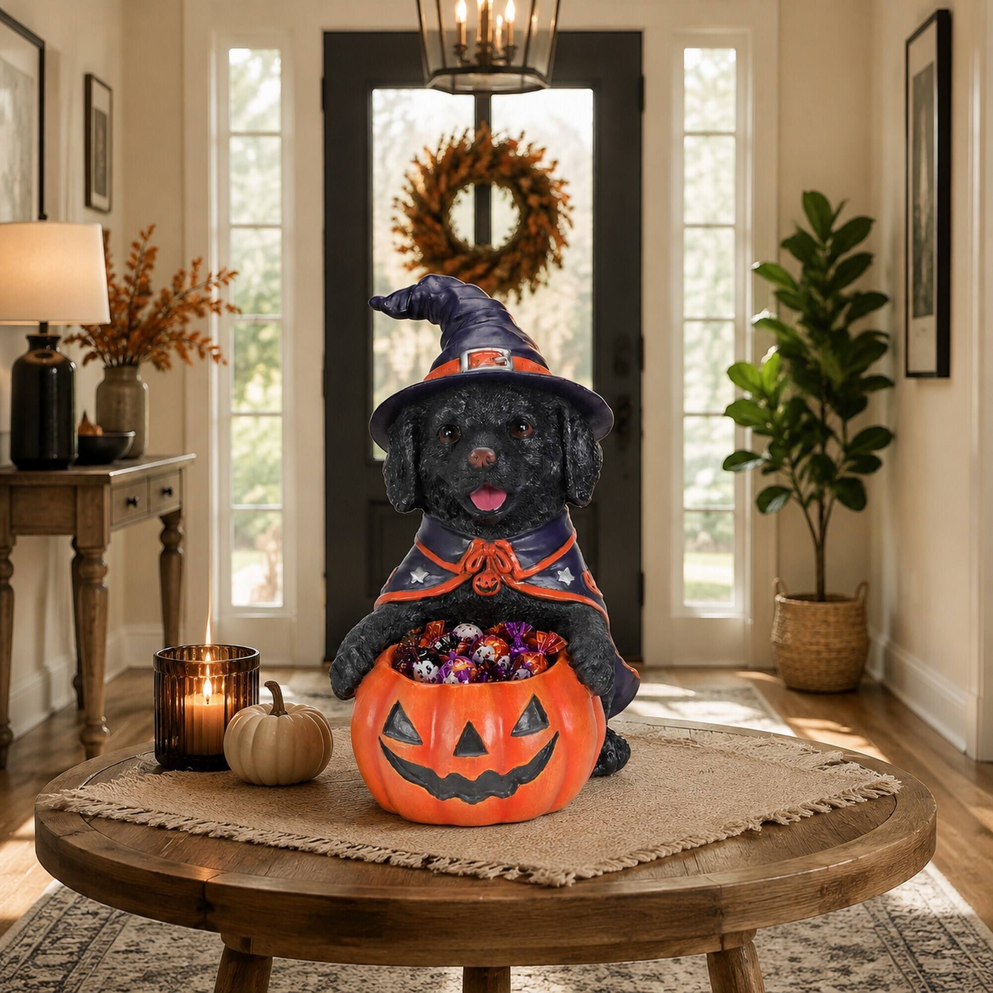 Alt View 1. RYHNUYNE - Halloween Black Labrador Witch Puppy Figurine with Pumpkin Candy Bowl, Resin Dog Decor for Shelf, Mantel - Red.