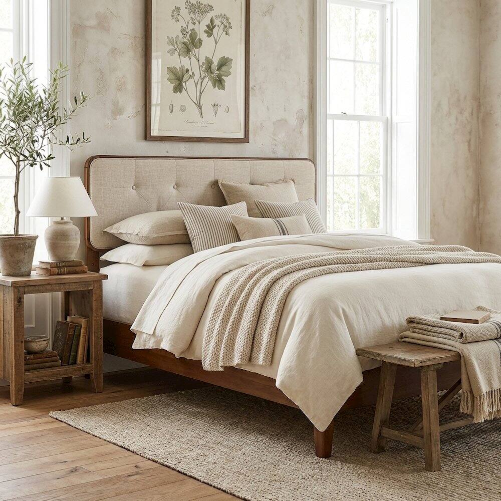 Angle. FurniFact - Tufted Fabric King Headboard with Wood Frame and Elegant Design - Brown.