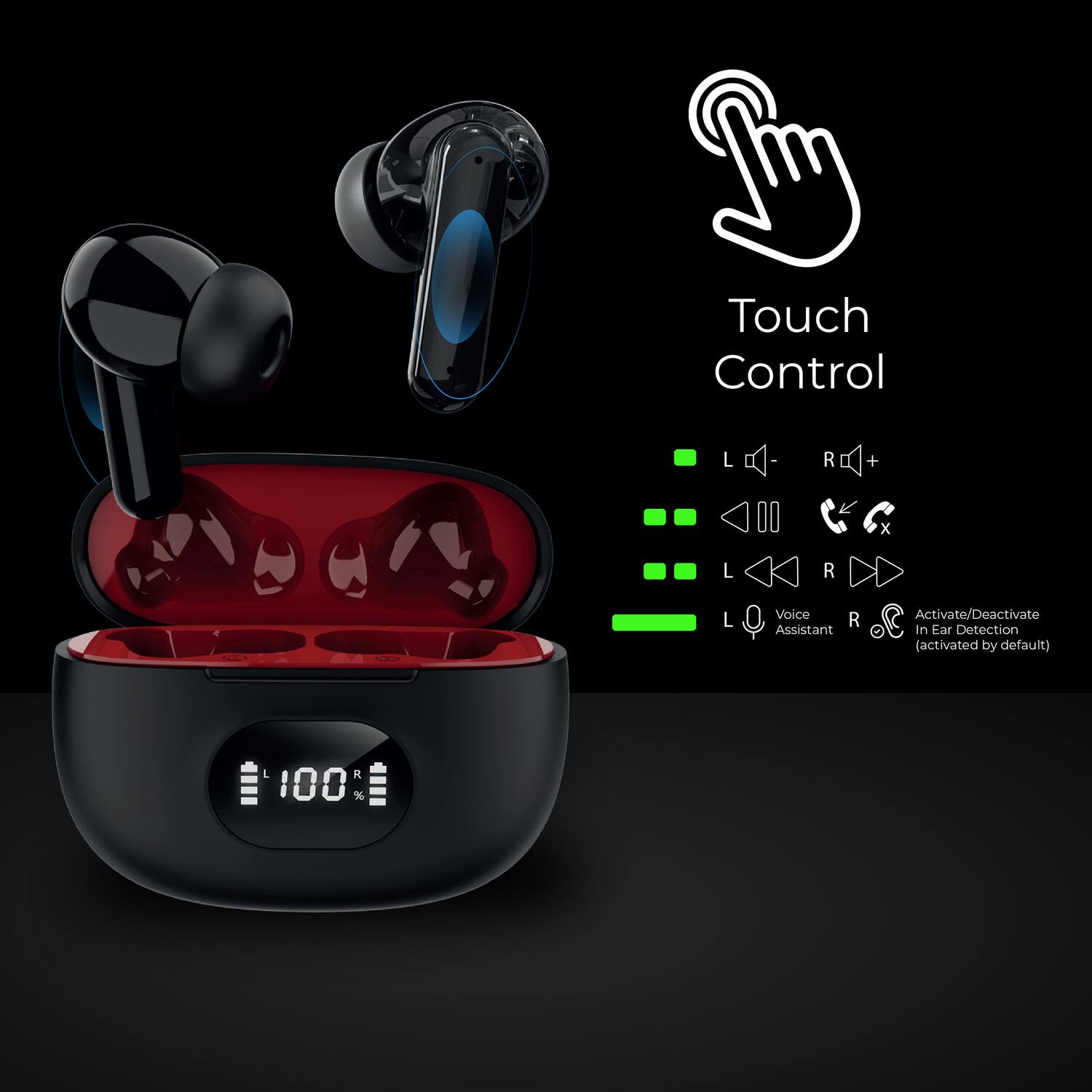 iQ Sound TWS Bluetooth In Ear Earphones with Mics, LED Power