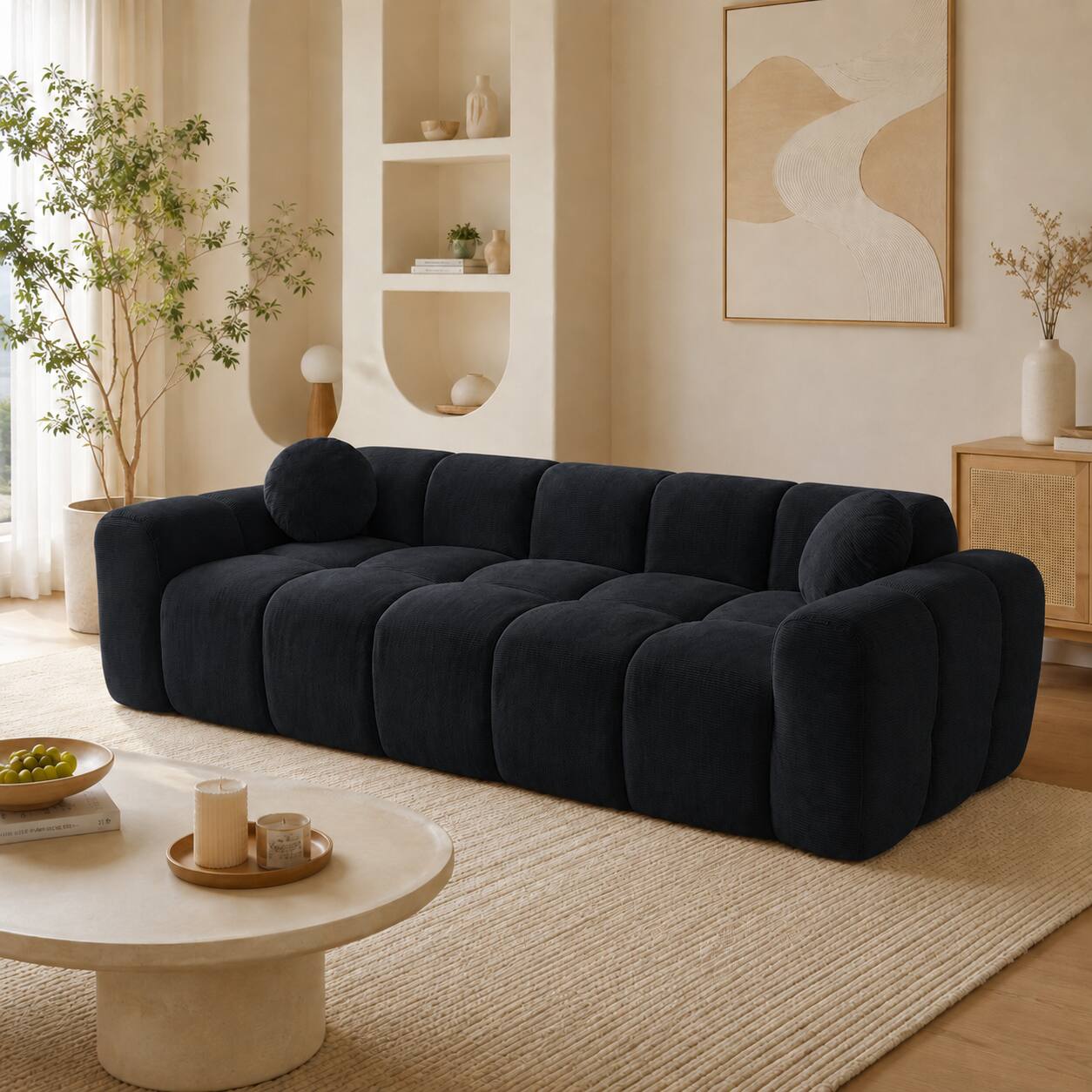 Angle. Anysun - 98.4" Extra Large Compression Sofa – Corduroy Cloud Puff Couch with 2 Pillows, Vacuum Packed Easy to Move - Black.