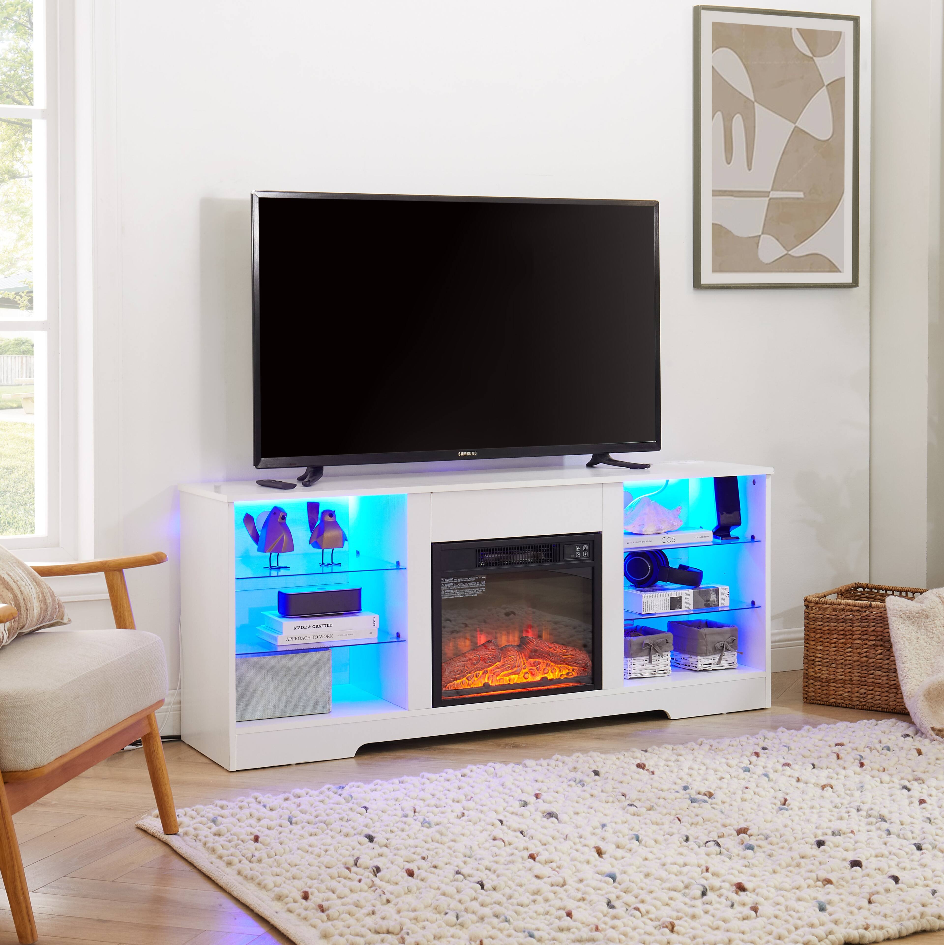 Alt View 4. Boyel Living - 58In Wood TV Stand with Electric Fireplace Glass Shelves LED Lights USB Charging Fits 62In TV - White.