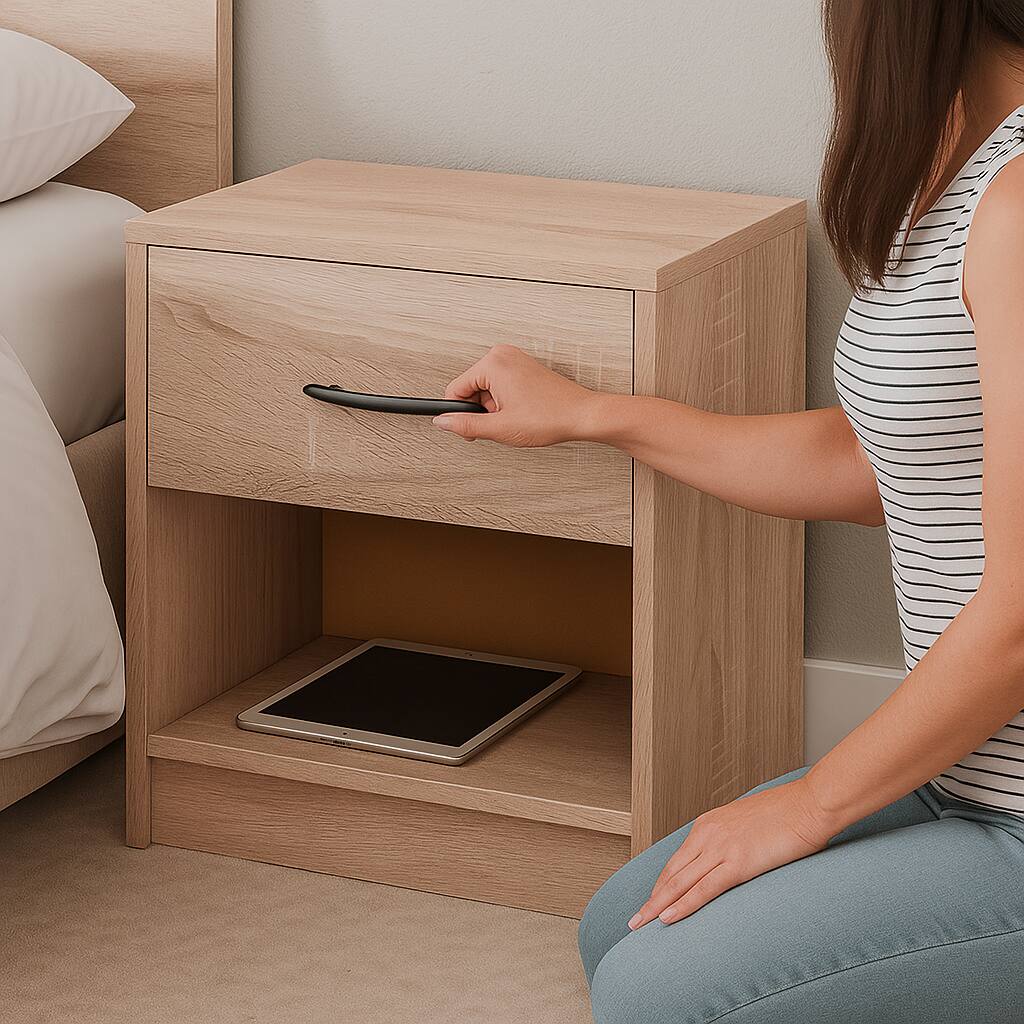 Angle. Hivvago - Wooden Bedside Unit with Shelf and Storage Drawer - Natural.