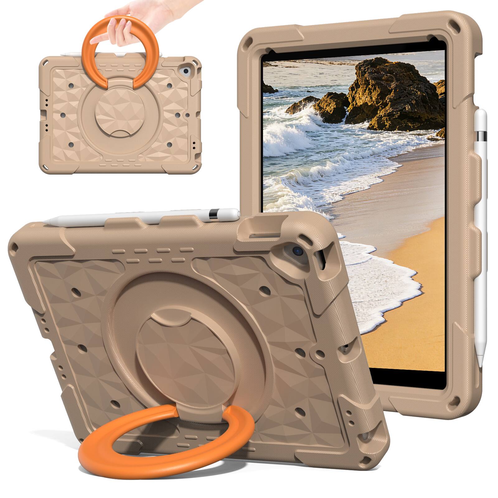 Angle. UUCOVER - Kids Case for iPad 9th/8th/7th Generation 10.2 inch Shockproof EVA Handle Stand Cover with Shoulder Strap - Khaki+Orange.
