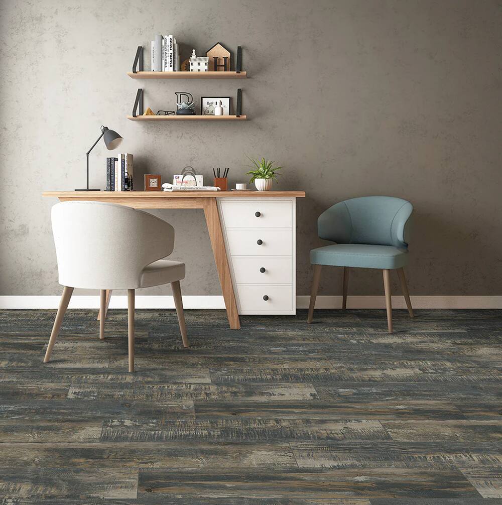 Angle. Dotfloor - 48"x7.2" SPC Composite Flooring; 10 Planks/Box (23.9 sq. ft/Box); 6mm Thick with 1mm IXPE Backing; 20 mil Wear Layer; - Vintage Blue.