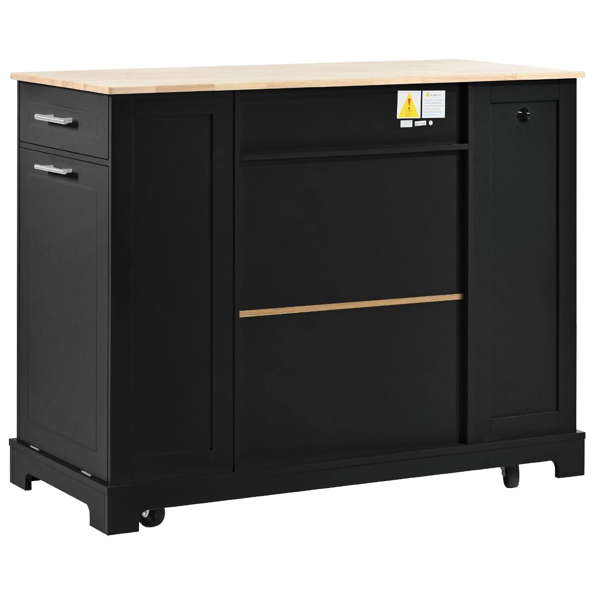 Angle. Loheer - Loheer Black Fluted Kitchen Island with Trash Can Storage, Rubberwood Top & Power Outlet, 48.5in - Black.