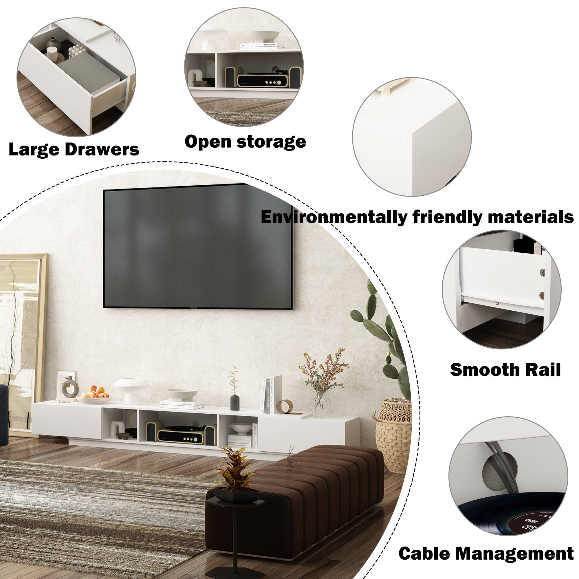 The text on the image is grouped as follows:

1. Large Drawers: These are the large drawers in the living room.
2. Open storage: This refers to the open storage in the living room.
3. Environmentally friendly materials: This is a description of the materials used in the living room.
4. Smooth Rail: This is a feature of the living room.
5. Cable Management: This is a description of the cable management in the living room.