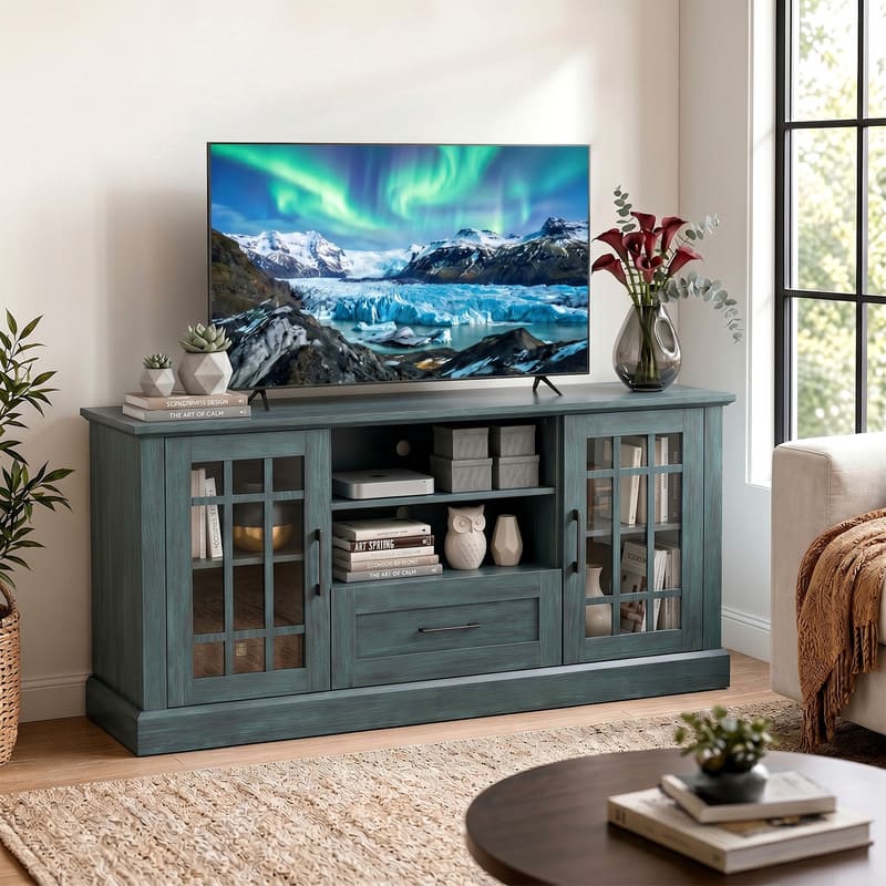 WELLFOR - Modern Farmhouse TV Stand for TVs up to 70", Entertainment Center with Storage Cabinet & Glass Door - Green