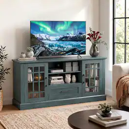 WELLFOR - Modern Farmhouse TV Stand for TVs up to 70", Entertainment Center with Storage Cabinet & Glass Door - Green