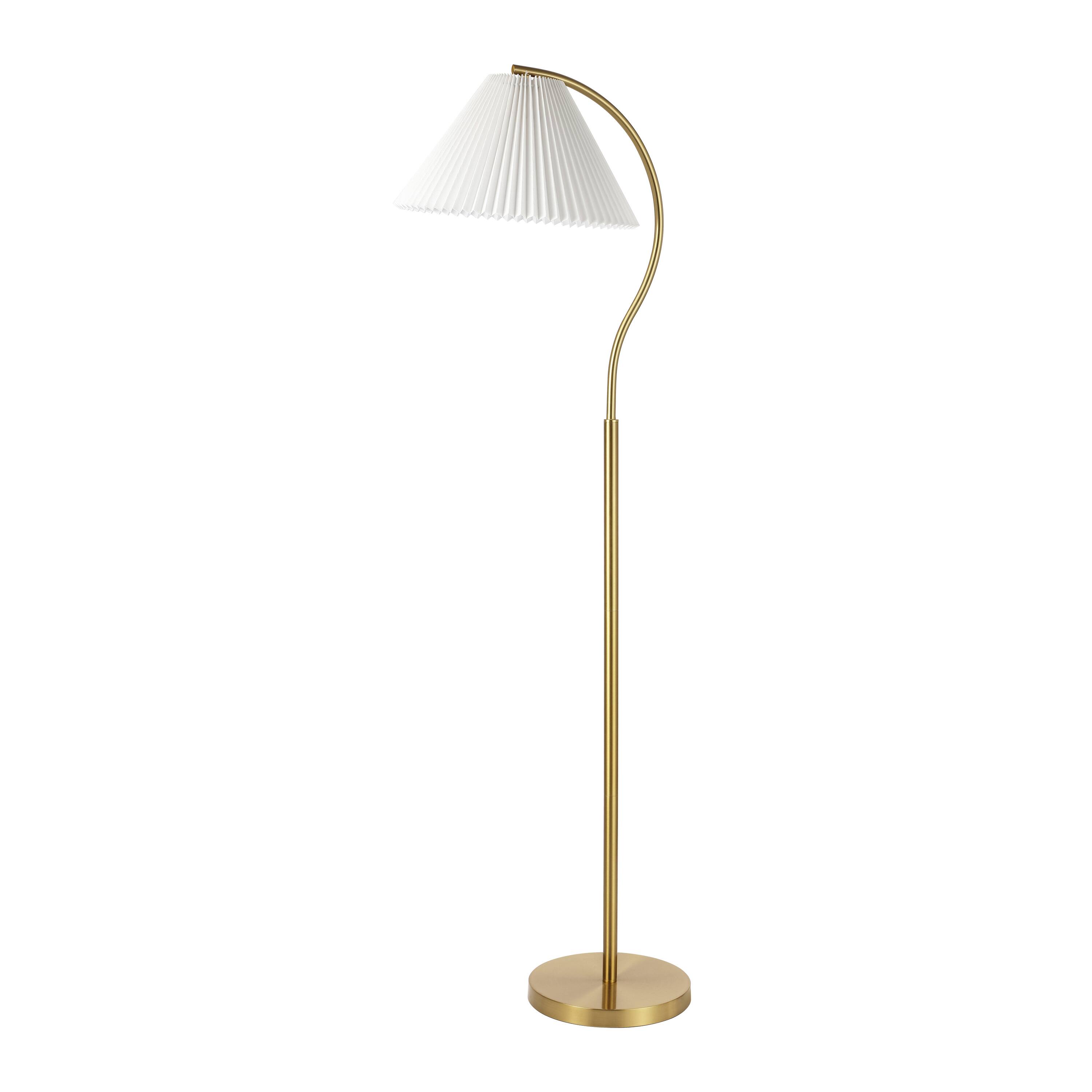 Alt View 5. Jonathan Y - Devon 60.5" Modern Glam Metal Arc LED Floor Lamp with Pleated Shade, Brass Gold/White - Brass Gold.