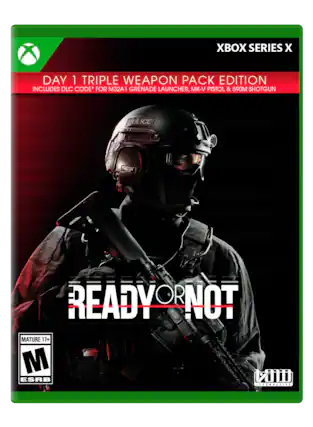 The text on the image reads: "Xbox Series X Day 1 Triple Weapon Pack Edition includes DLC code* for M32A1 Grenade Launcher, MK-V Pistol & 590M Shotgun - Police SUDLAA Regulator & Ready Not Mature 17+ ESRB Rating. No internet required." - M (Mature 17+)