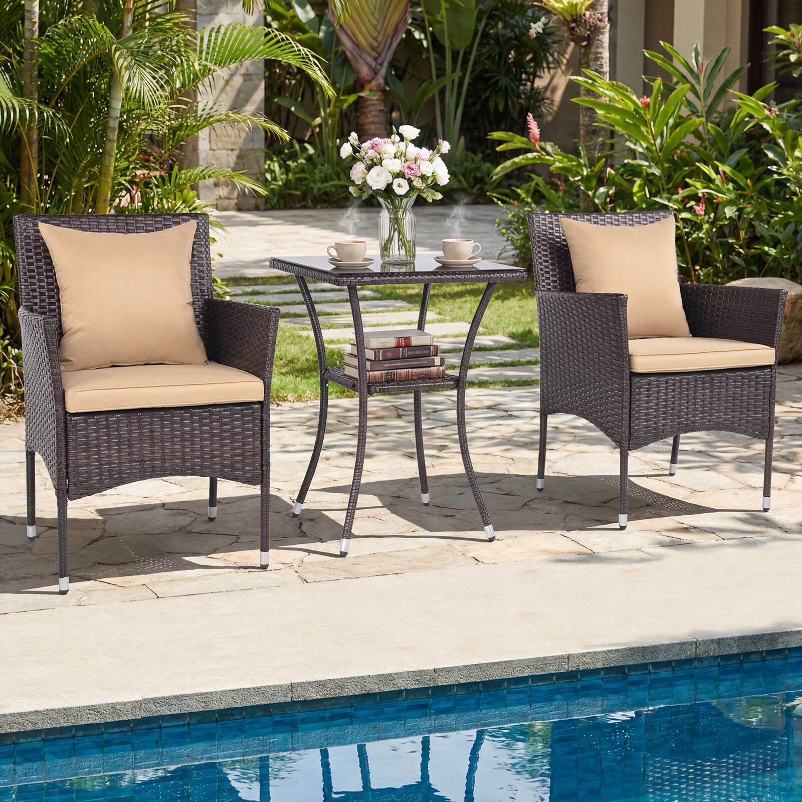 Alt View 3. Costway - Costway 3PCS Patio Wicker Bistro Set, 2 Rattan Chairs with Double-Tier Tempered Glass Table - Mix Brown + Beige.