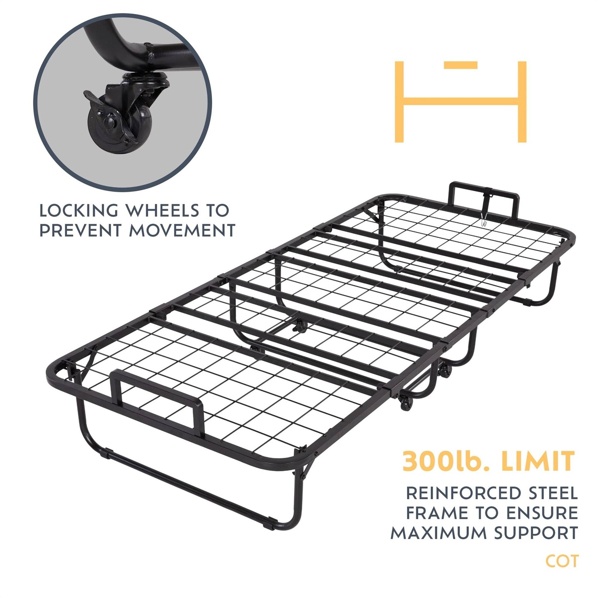 H LOCKING WHEELS TO PREVENT MOVEMENT 300lb. LIMIT REINFORCED STEEL FRAME TO ENSURE MAXIMUM SUPPORT COT