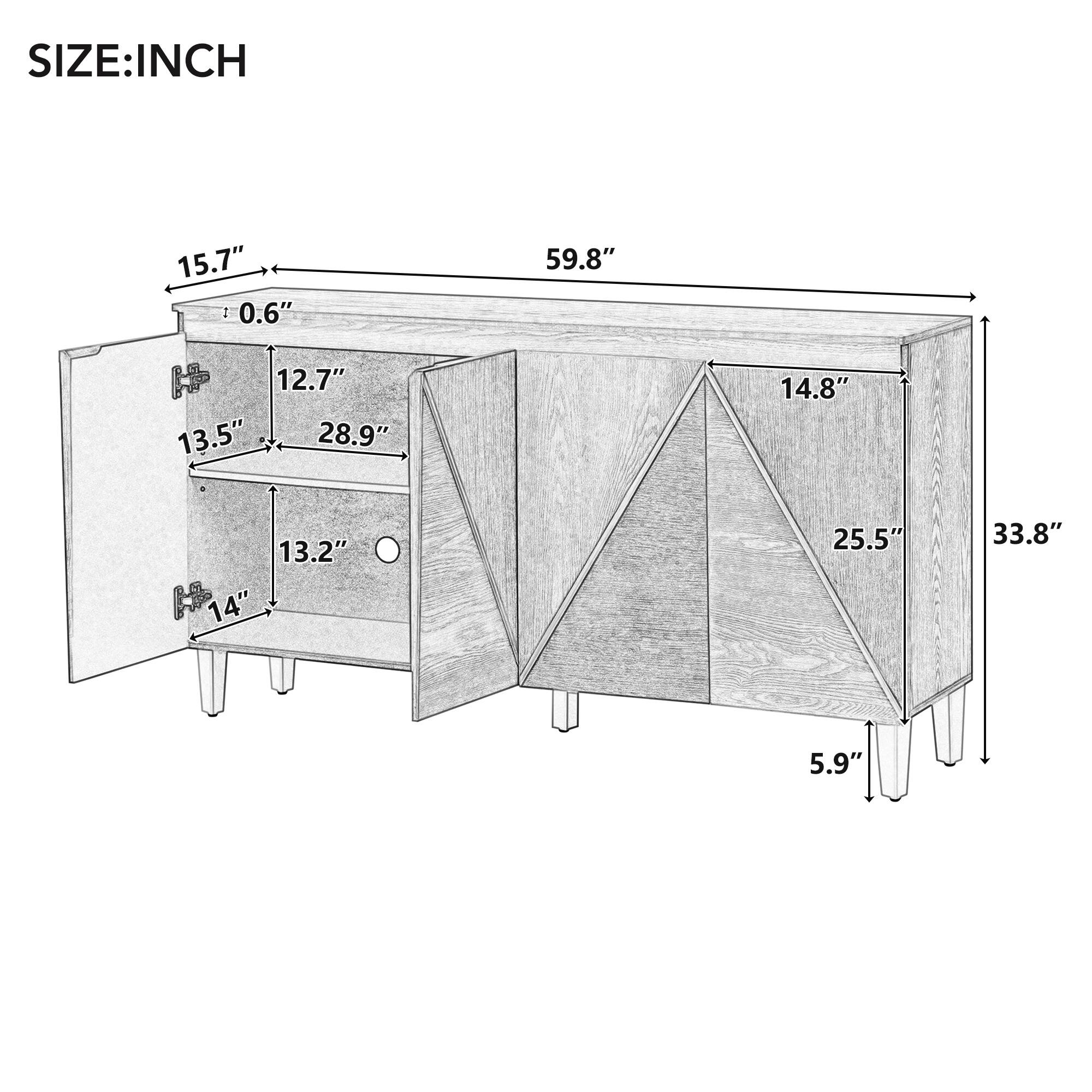 Sure, here is the corrected and grouped text from the image:

**SIZE: INCH**

- **Overall Dimensions:**
  - Length: 59.8"
  - Height: 33.8"
  - Depth: 15.7"

- **Shelf Dimensions:**
  - Width: 13.5"
  - Depth: 12.7"
  - Height: 13.2"

- **Cabinet Dimensions:**
  - Width: 28.9"
  - Height: 14.8"
  - Depth: 25.5"

- **Additional Dimensions:**
  - Height from floor to bottom of cabinet: 5.9"
  - Height from floor to bottom of shelf: 14"
  - Thickness of the top: 0.6"