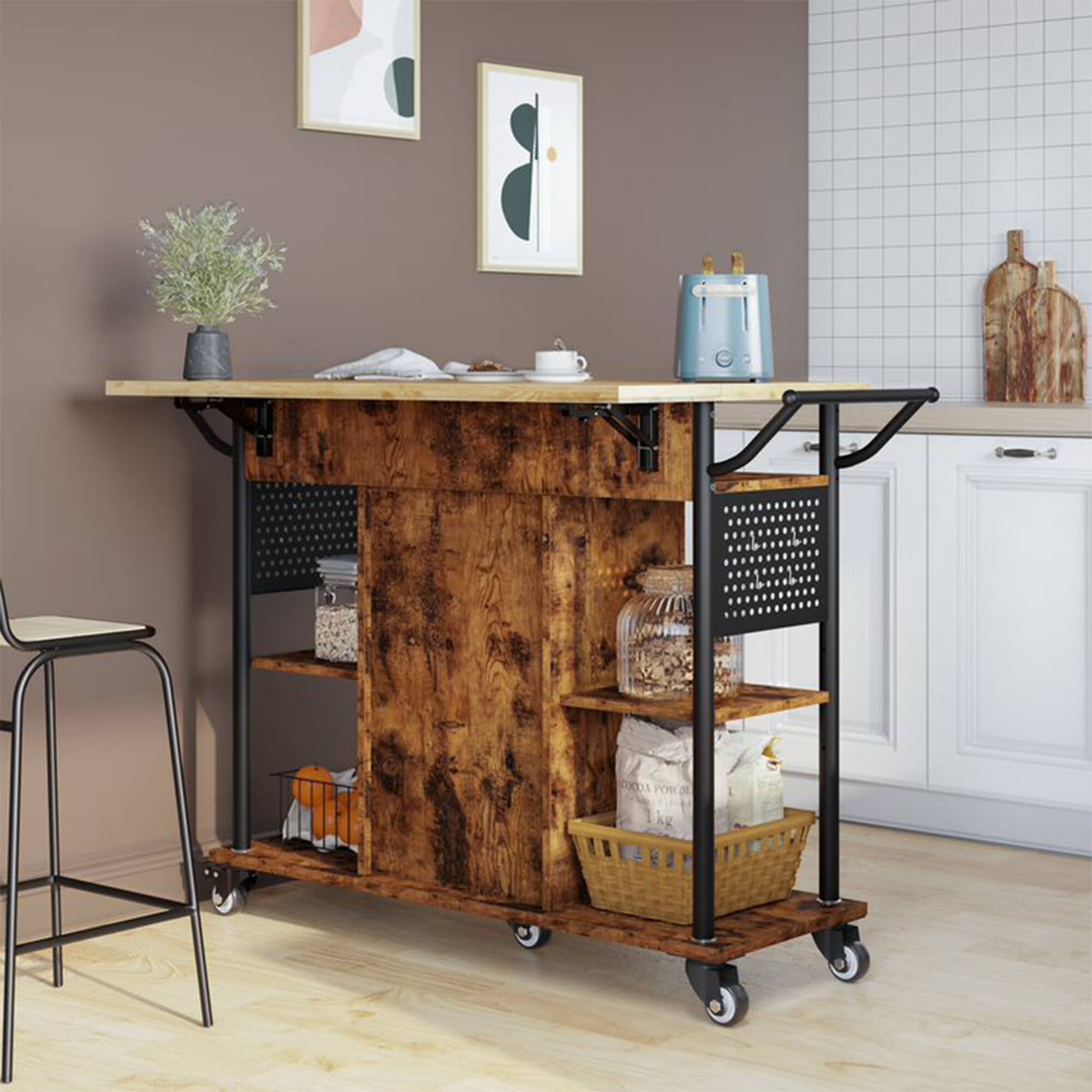 Alt View 3. Bestier - Bestier Rolling Kitchen Utility Cart with Collapsible Surface Extender, Brown - Brown.