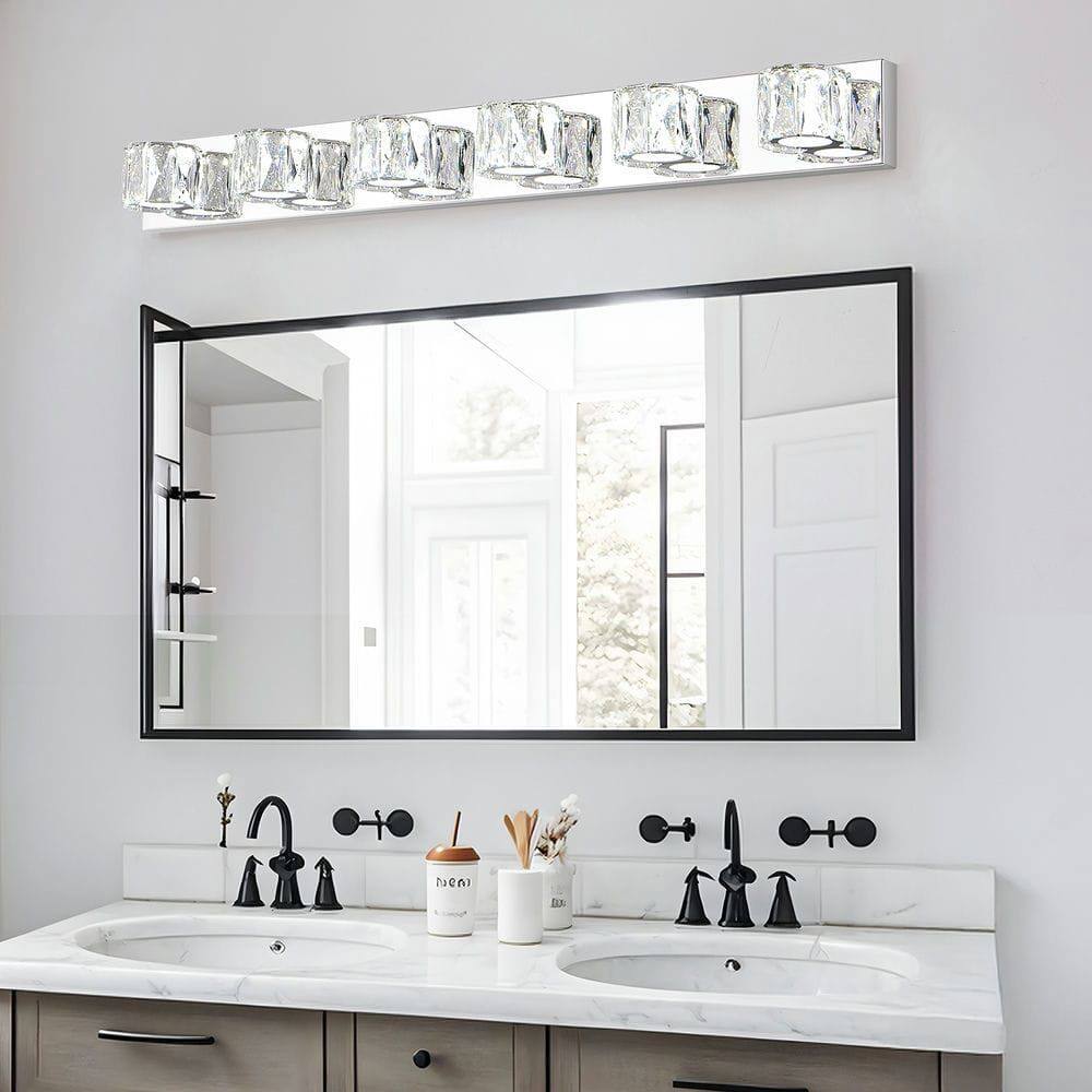 Alt View 9. Kadyn - 41" Modern Crystal 6-Light LED Wall Sconce – Elegant Chrome Bathroom Vanity Light with Clear Crystal Shades, Chrome - Silver.