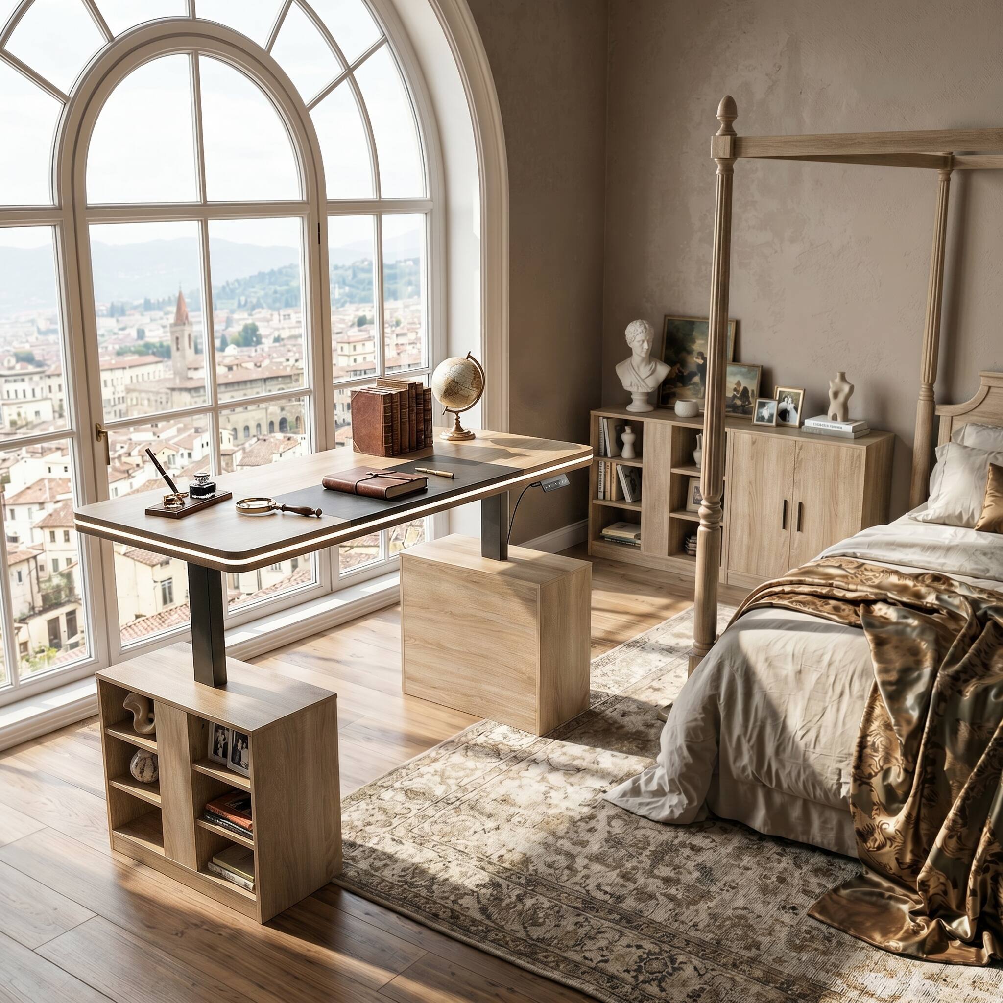 Back. Famapy - Electric Height Adjustable Desk with RGB Light & Dual Storage –Swappable Cabinets,2AC+3USB Outlet,Sit Stand Workstation - Wooden.