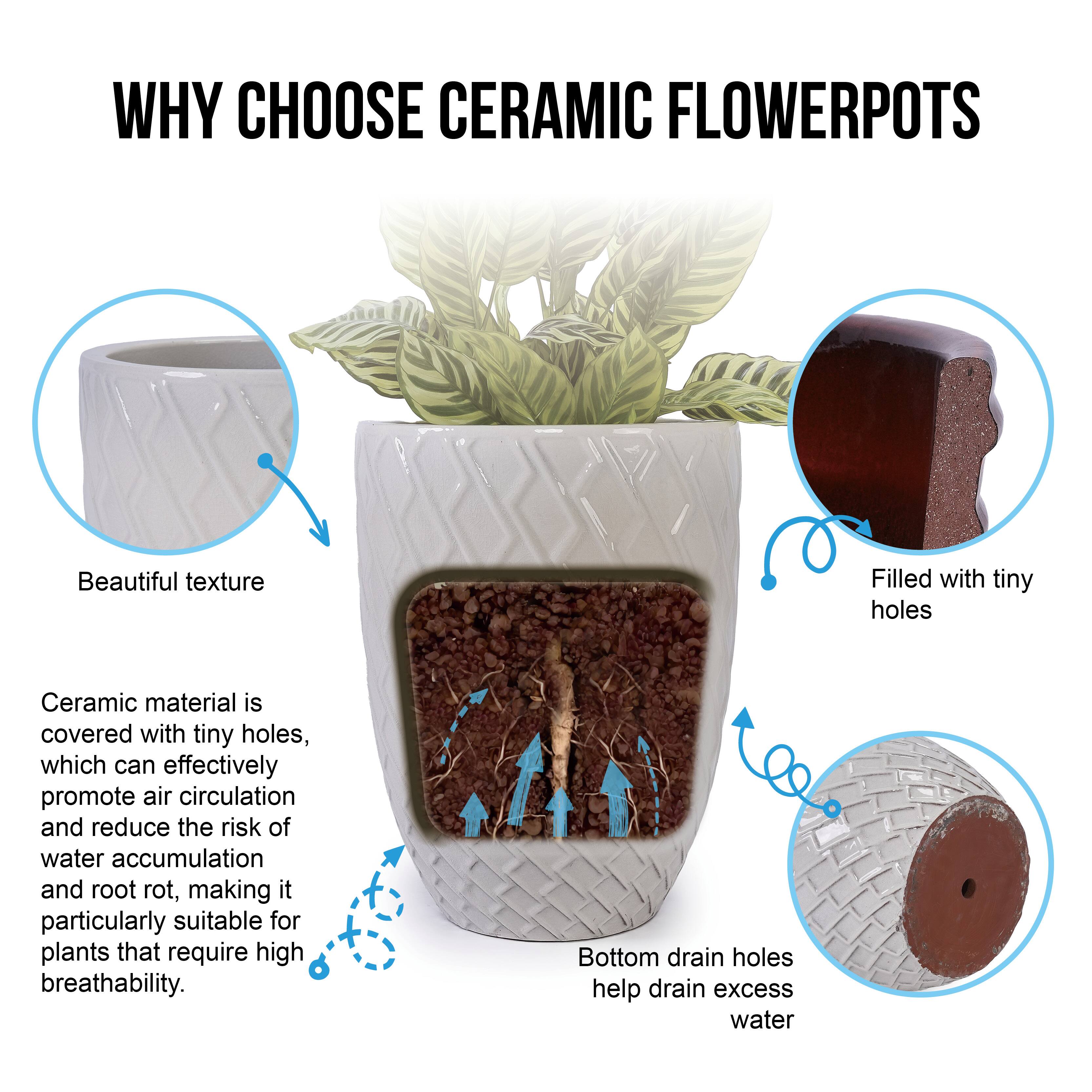 WHY CHOOSE CERAMIC FLOWER POTS

Beautiful texture

Ceramic material is covered with tiny holes, which can effectively promote air circulation and reduce the risk of water accumulation and root rot, making it particularly suitable for plants that require high breathability.

Bottom drain holes help drain excess water