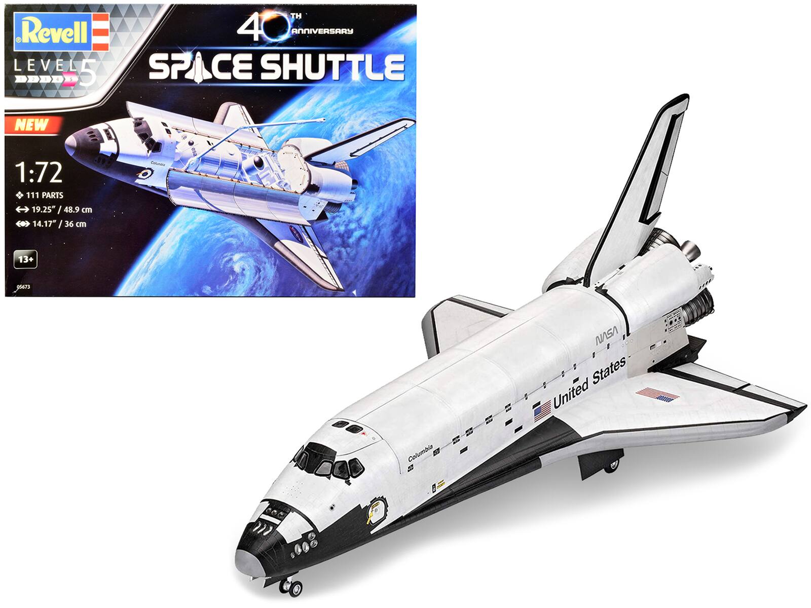 Revell  
LEVEL 5  
40th ANNIVERSARY  
SPACE SHUTTLE  
NEW  
1:72  
111 PARTS  
19.25" / 48.9 cm  
14.17" / 36 cm  
13+  
NASA  
United States  
Columbia