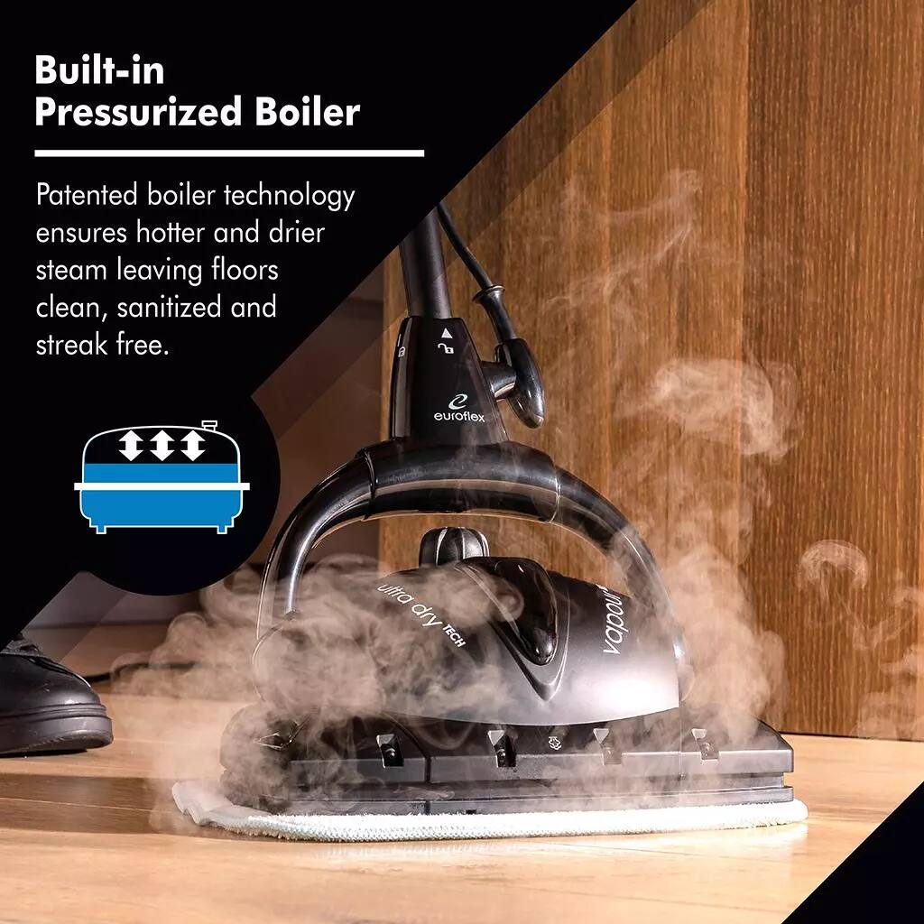Built-in Pressurized Boiler
Patented boiler technology ensures hotter and drier steam leaving floors clean, sanitized and streak free.
euroflex ultra dry TECH vapour